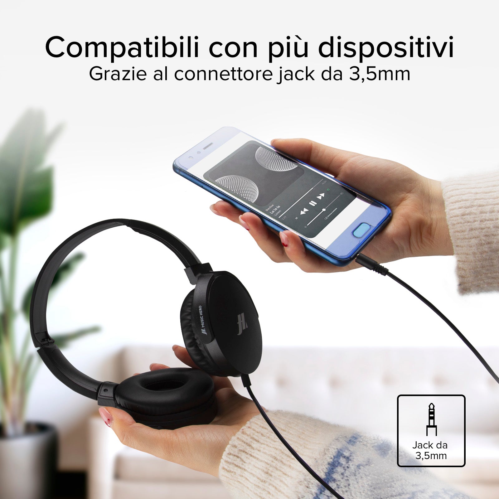 Auriculares con cable y almohadillas blancas giratorias