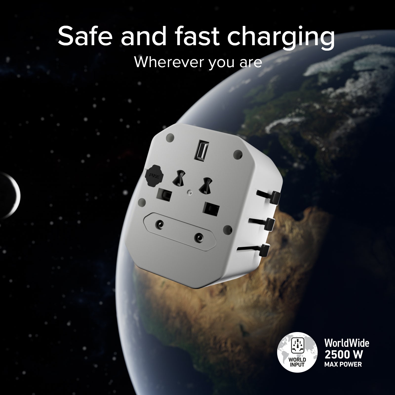Universal travel adapter for Europe, Americas, Asia, Africa