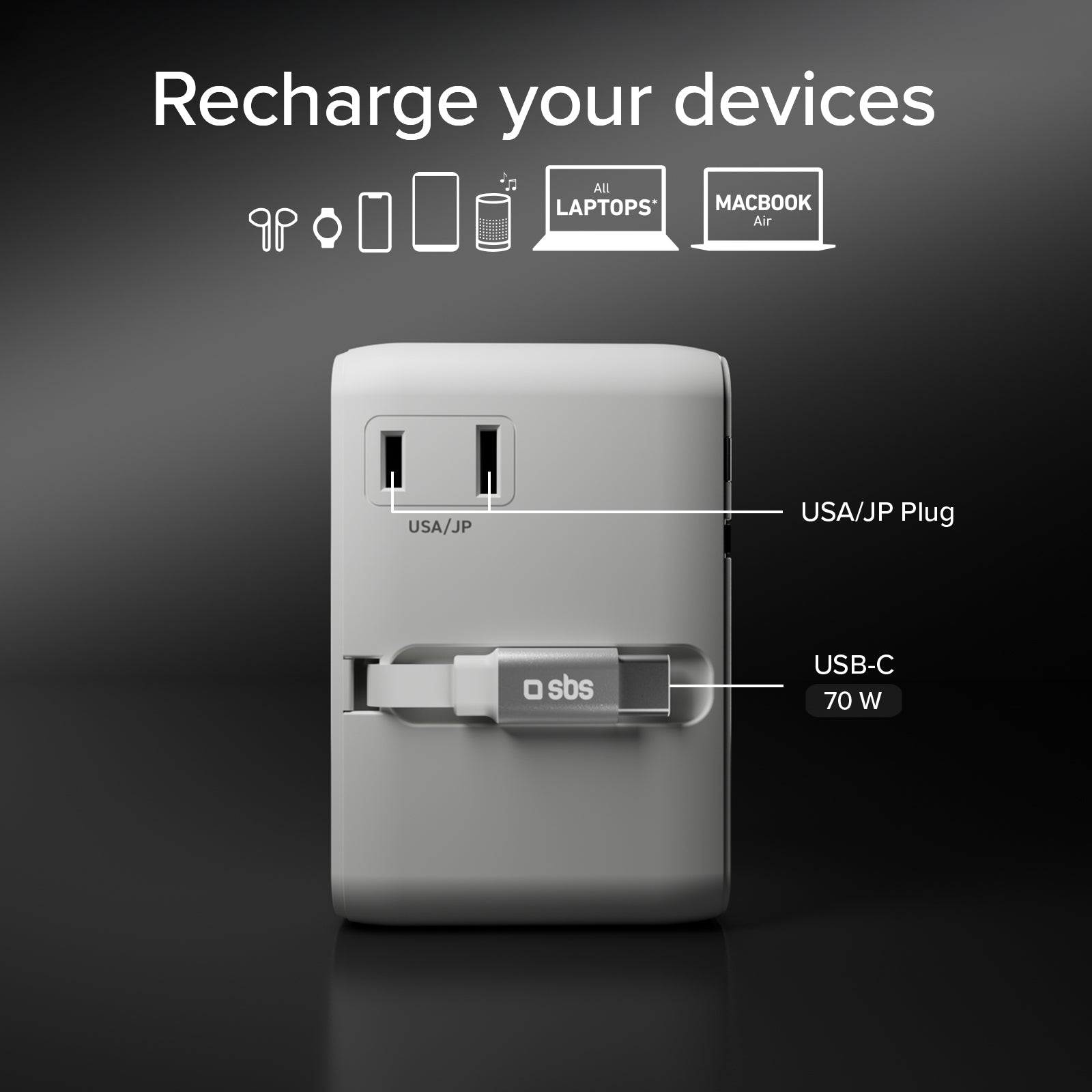 Adattatore universale da viaggio con cavo USB-C integrato