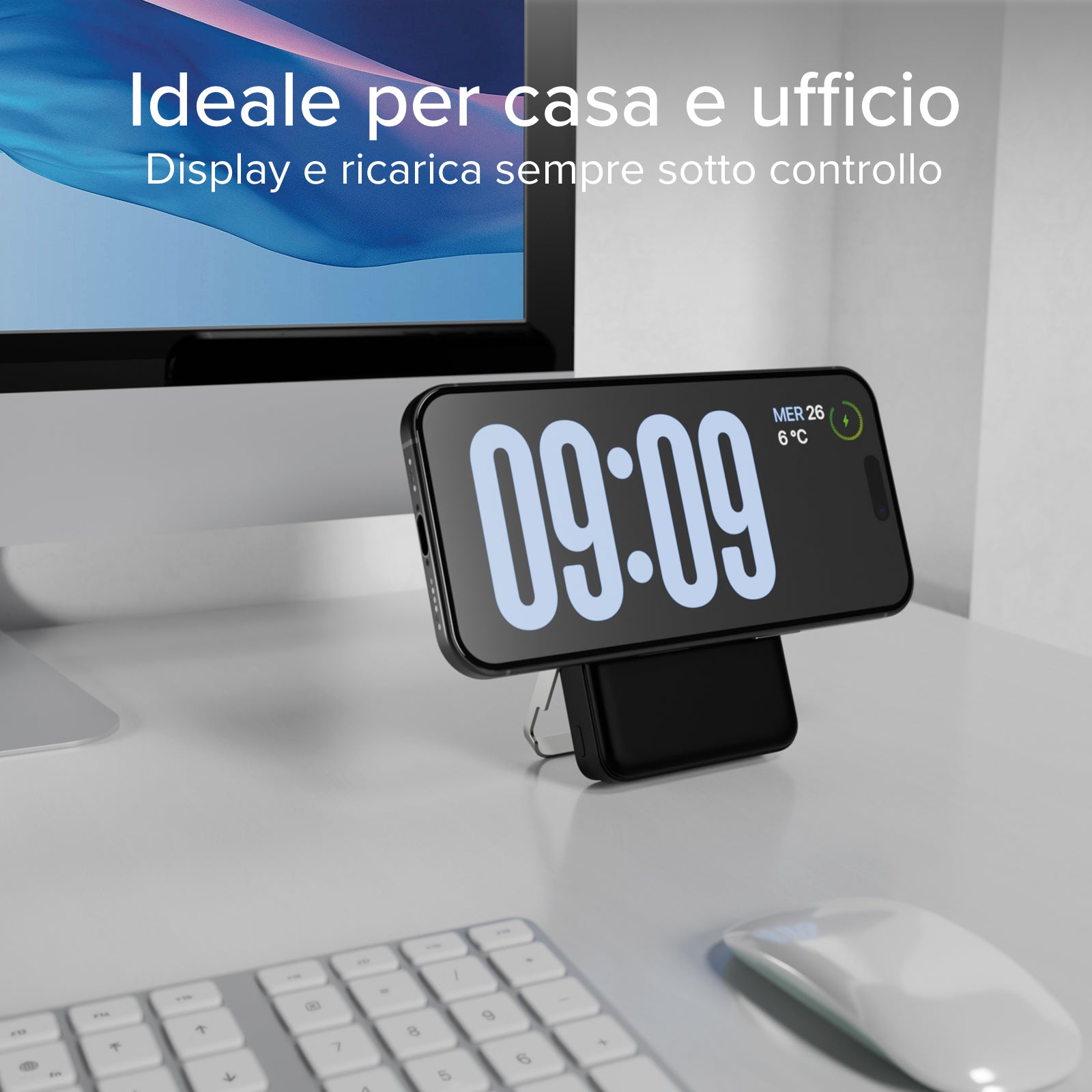 Power bank battery pack 10.000 mAh wireless con supporto stand integrato e LCD