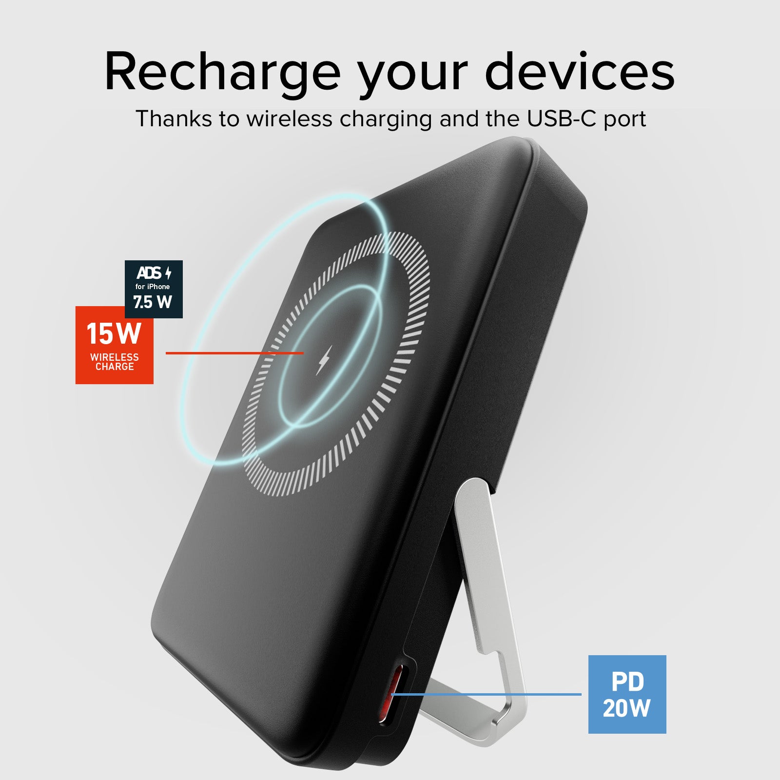 Power bank battery pack 10.000 mAh wireless con supporto stand integrato e LCD