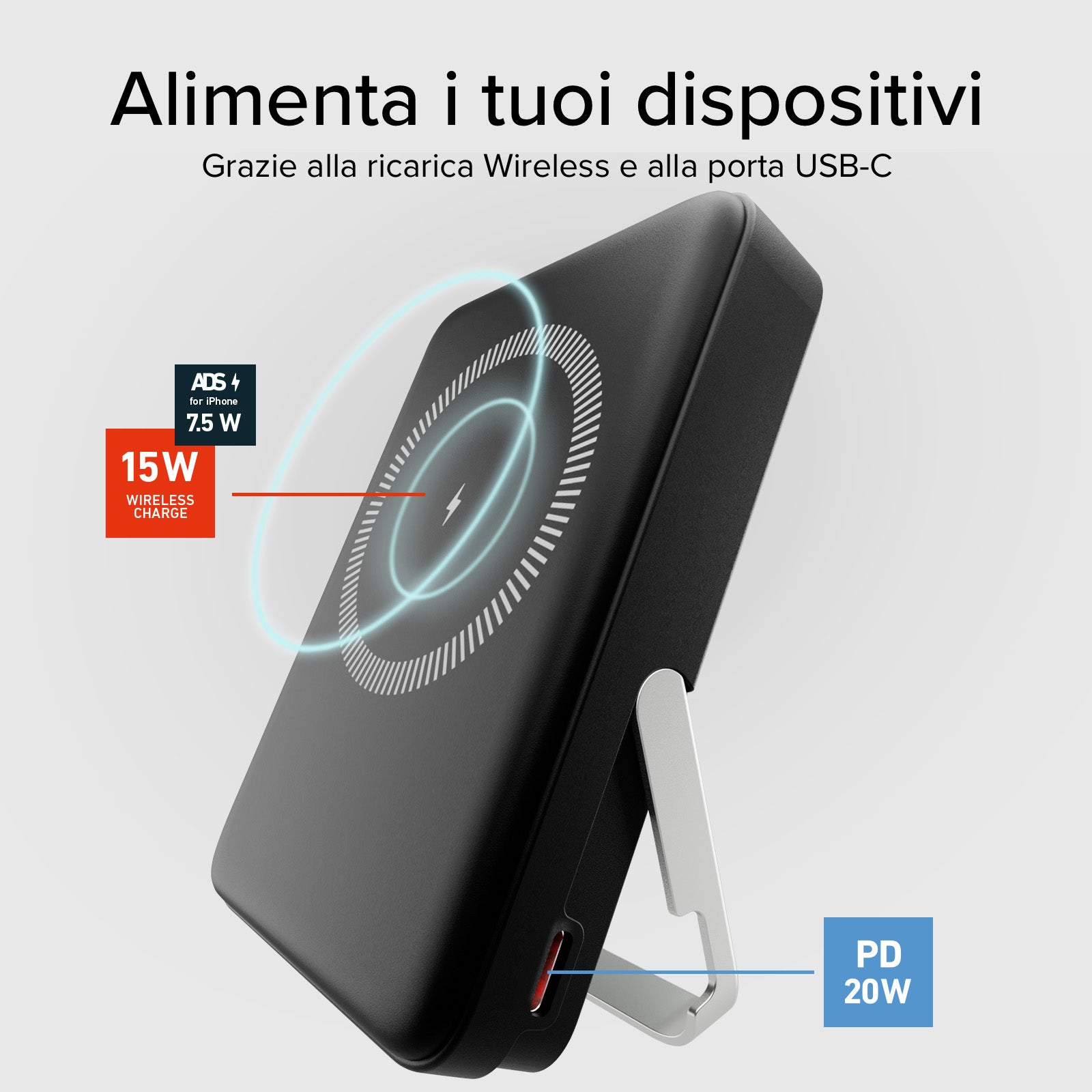 Power bank battery pack 10.000 mAh wireless con supporto stand integrato e LCD