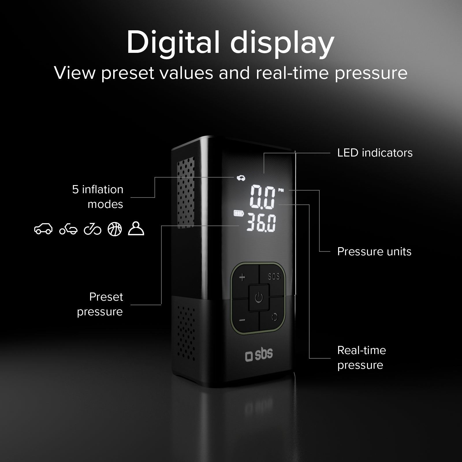 Compresor portátil con función batería externa 3600 mAh 5 W y linterna LED para emergencias en exteriores