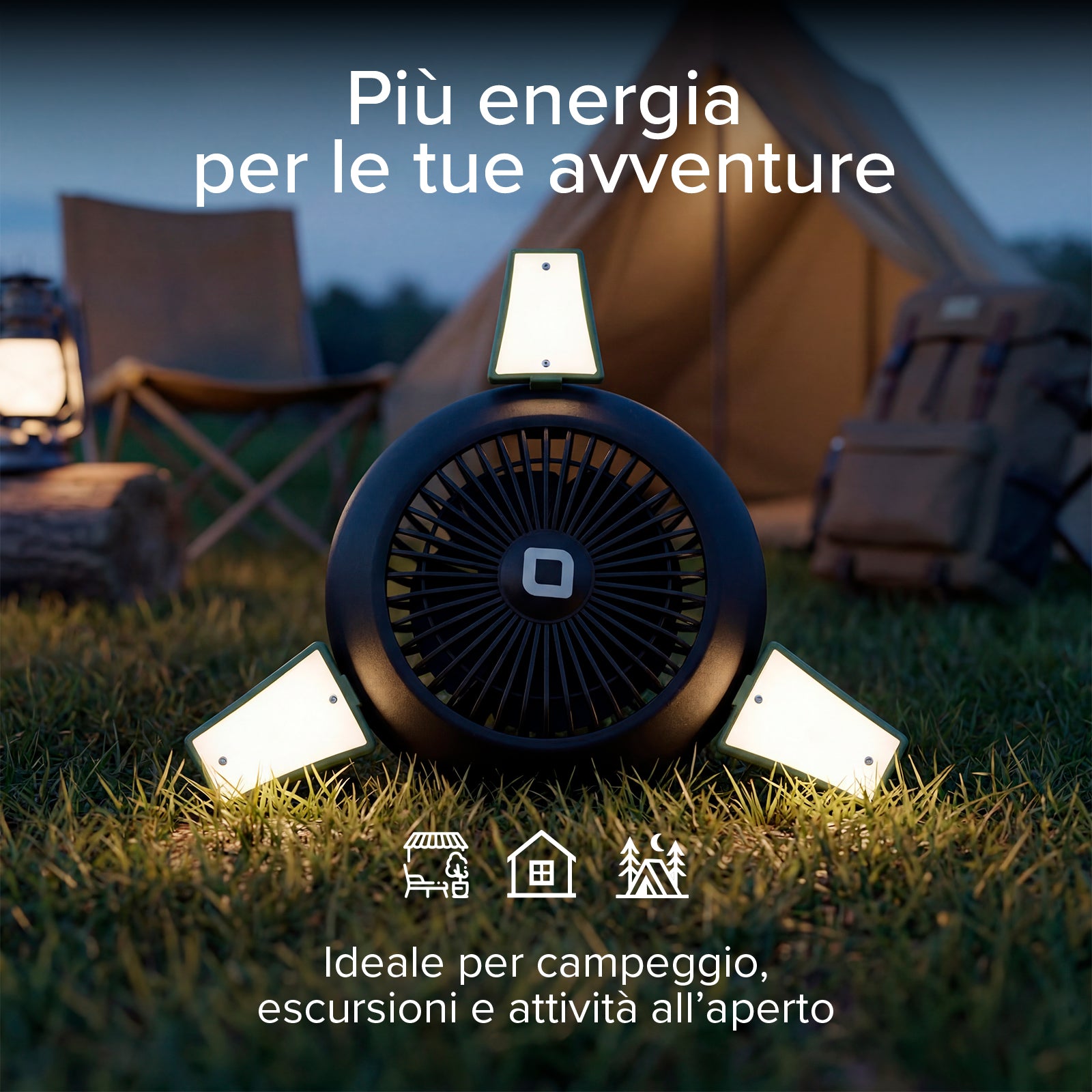 Ventilador con batería externa 4000 mAh, luz regulable y carga solar