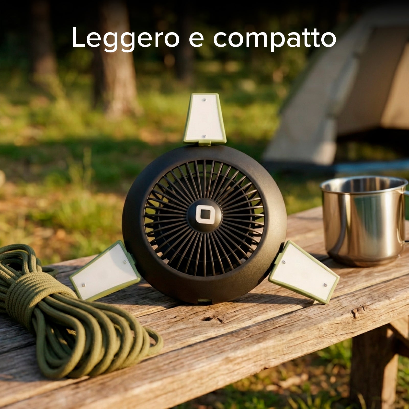 Ventilador con batería externa 4000 mAh, luz regulable y carga solar