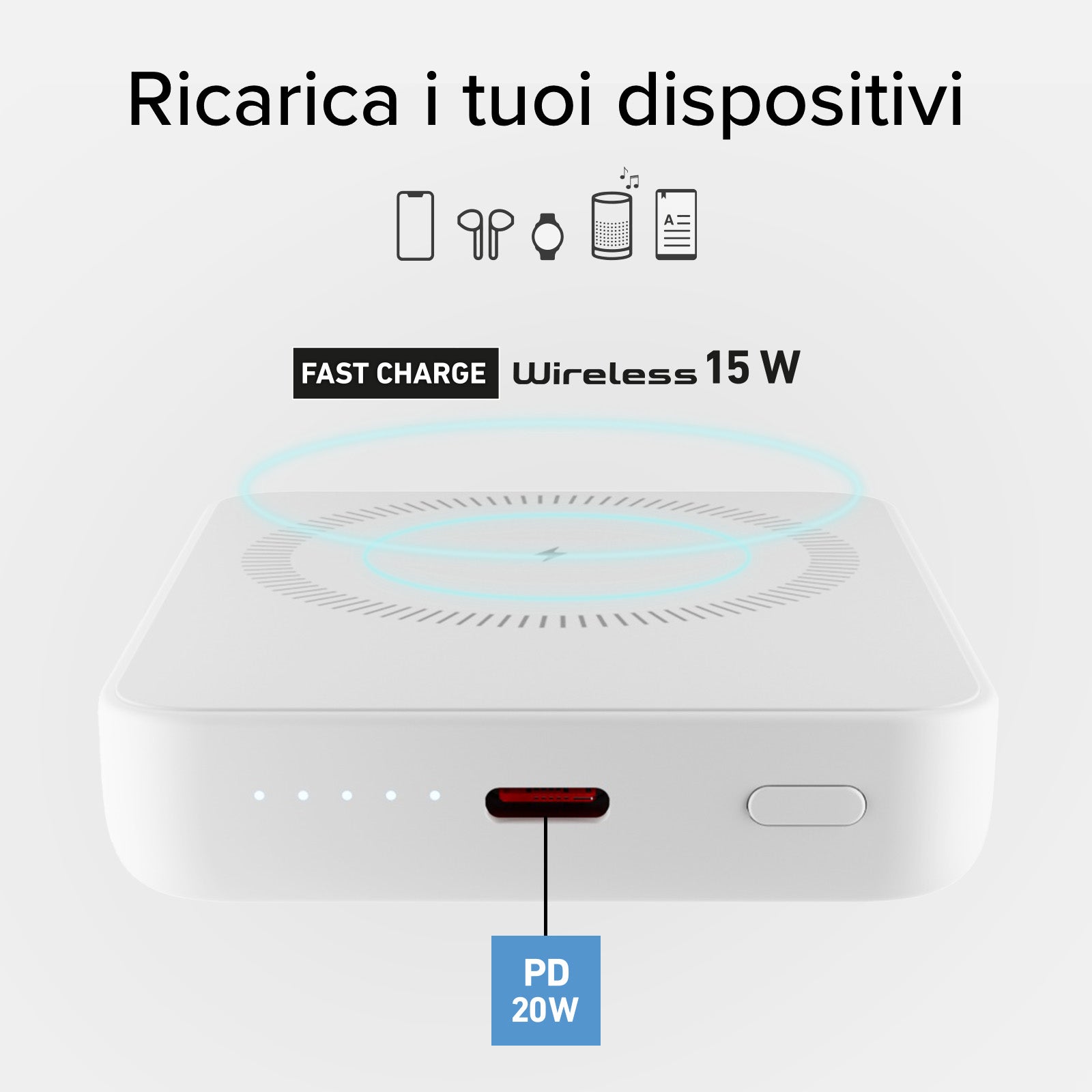 Power bank 5000 mAh wireless ultra compatto