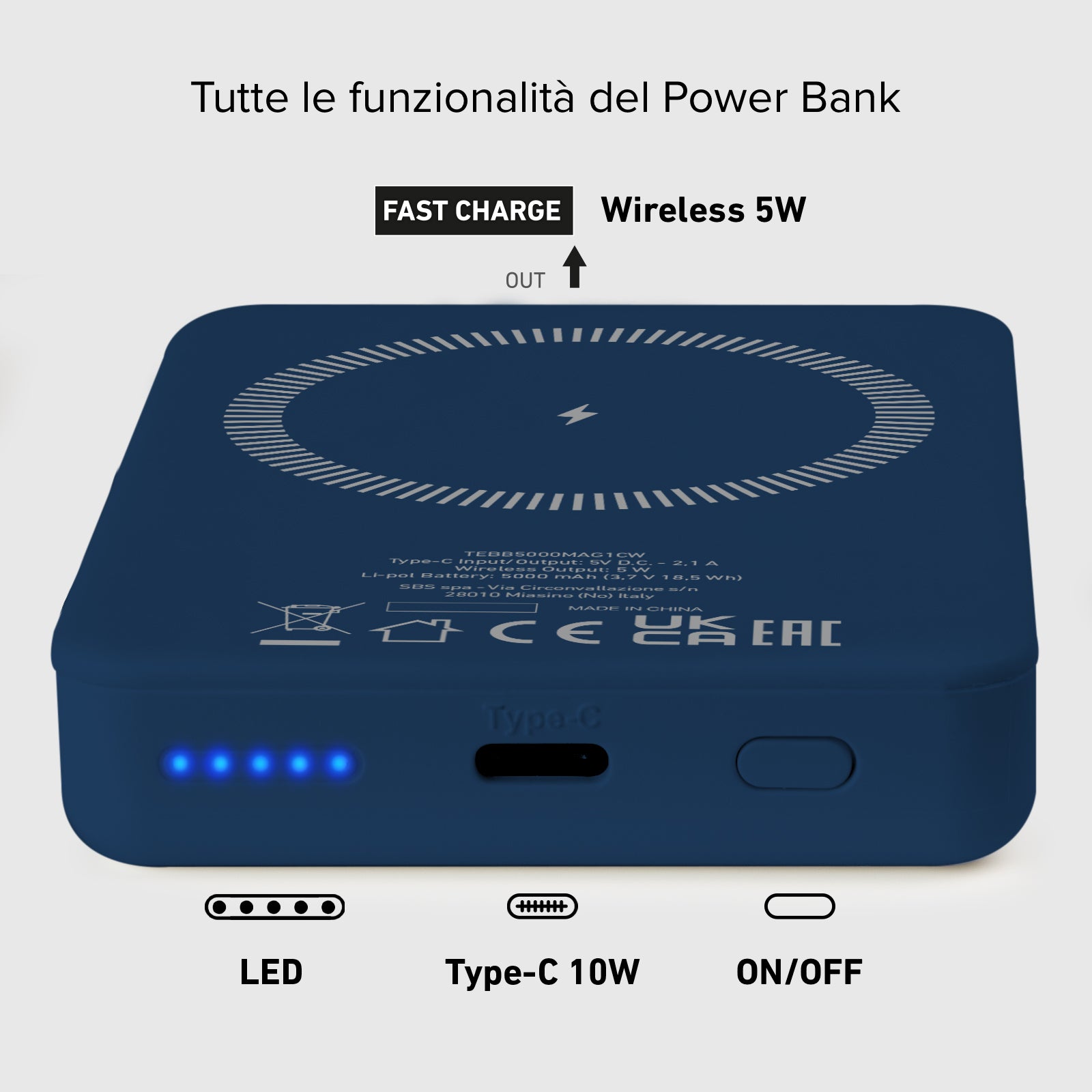 Power bank mag 5.000 mAh Wireless compatibile con iPhone con ricarica MagSafe