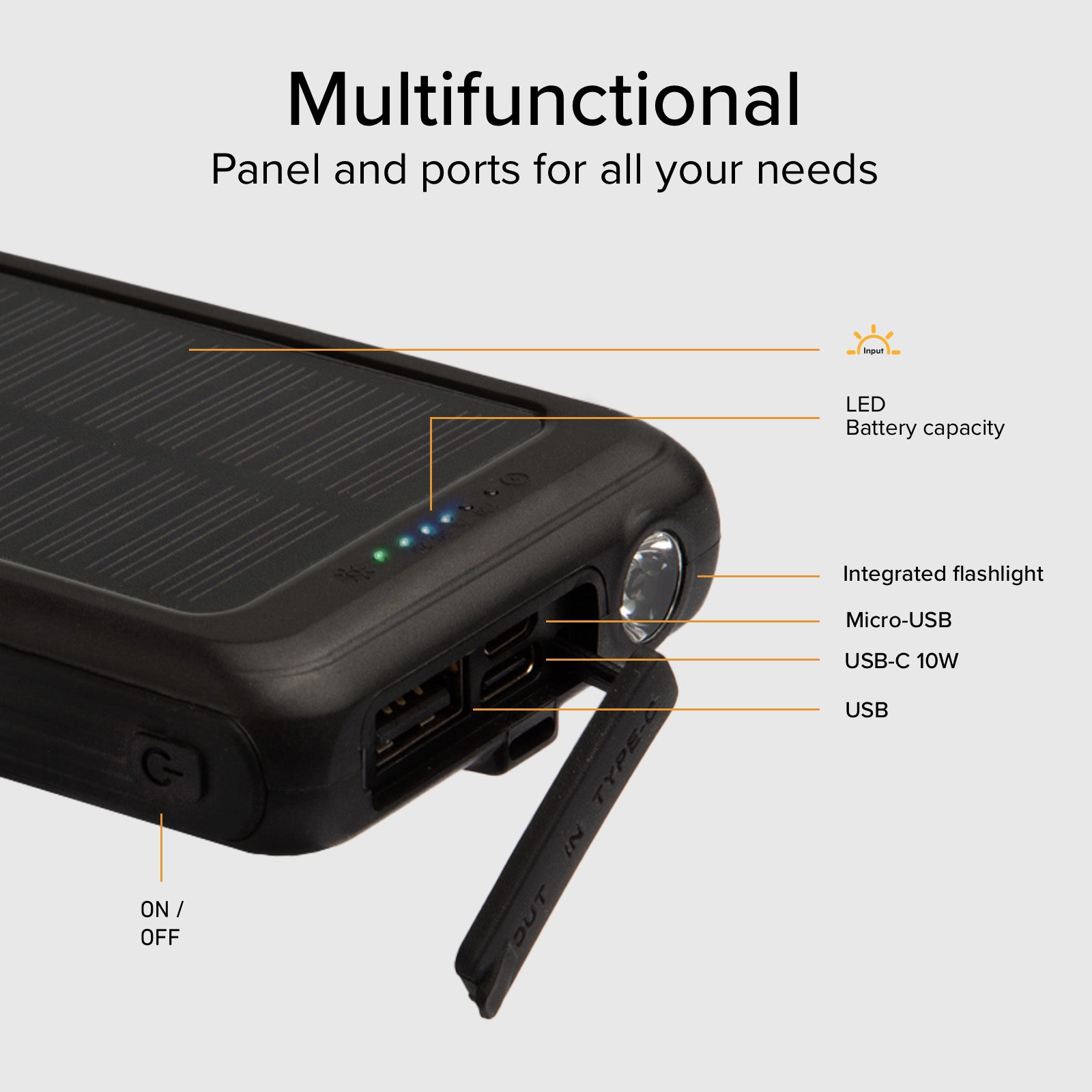 Power bank solar de 5000 mAh con carga inalámbrica