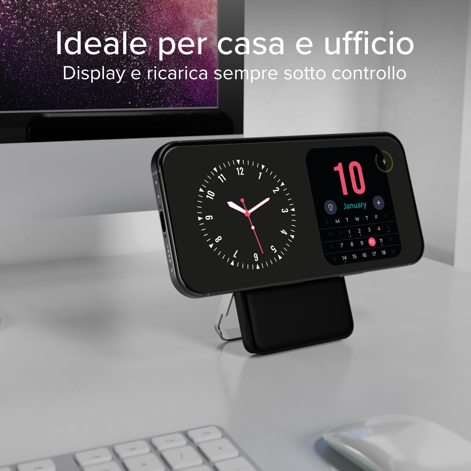 Power bank battery pack 5.000 mAh wireless con supporto stand integrato e LCD