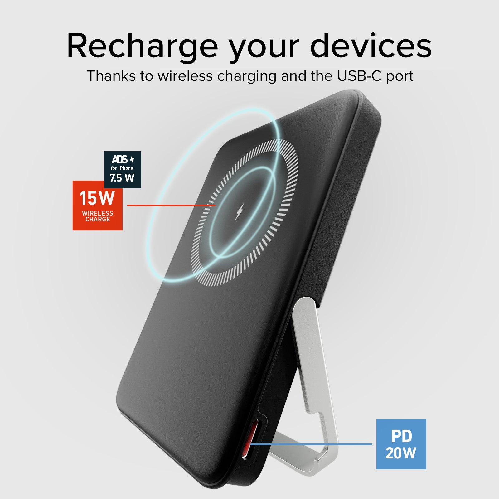 Power bank battery pack 5.000 mAh wireless con supporto stand integrato e LCD