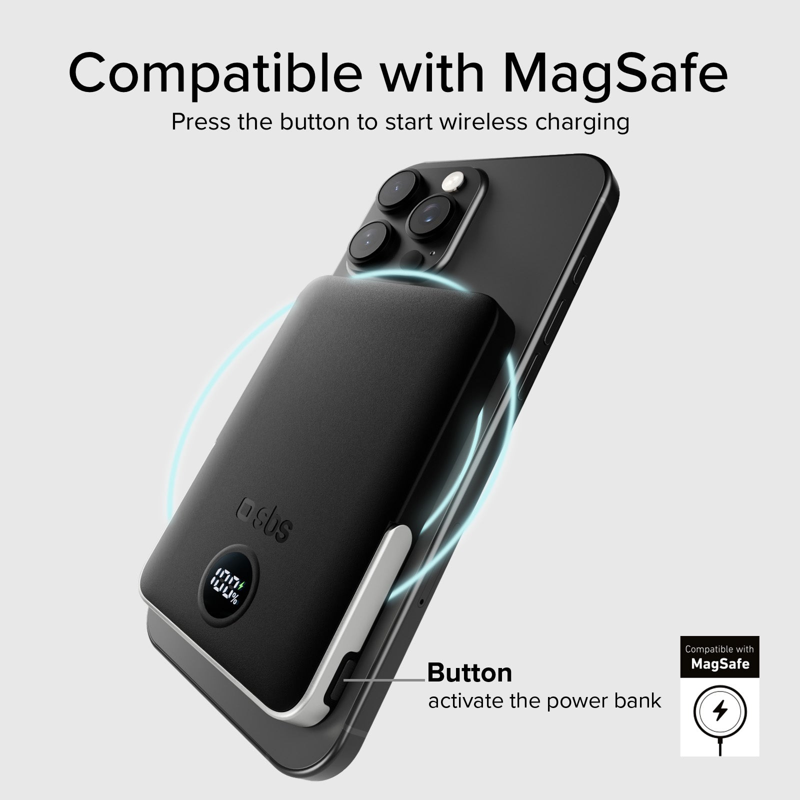 Power bank battery pack 5.000 mAh wireless con supporto stand integrato e LCD