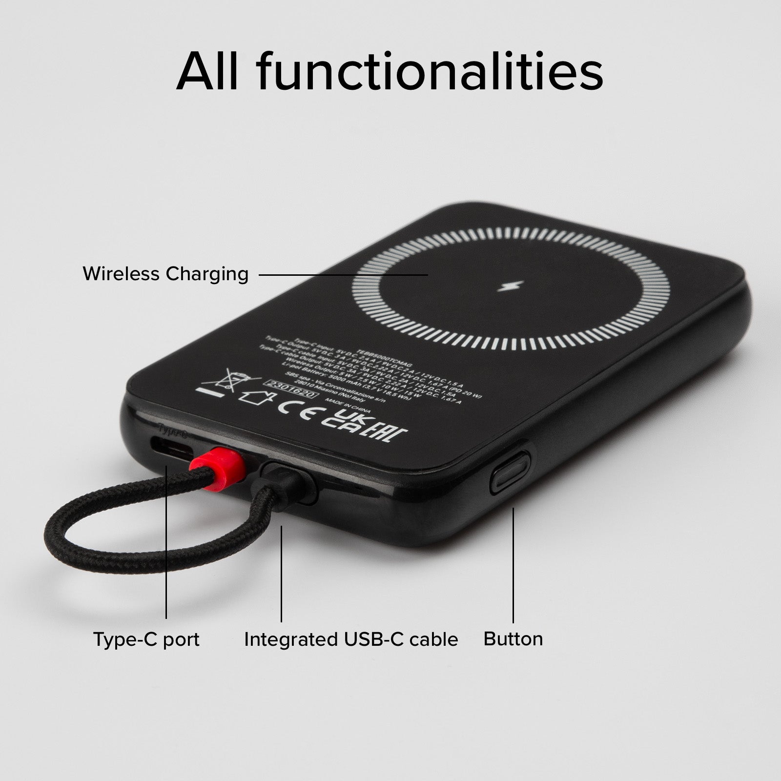 Batterie externe de 5 000 mAh avec câble USB-C intégré, chargeur PD 20W compatible avec la charge sans fil MagSafe