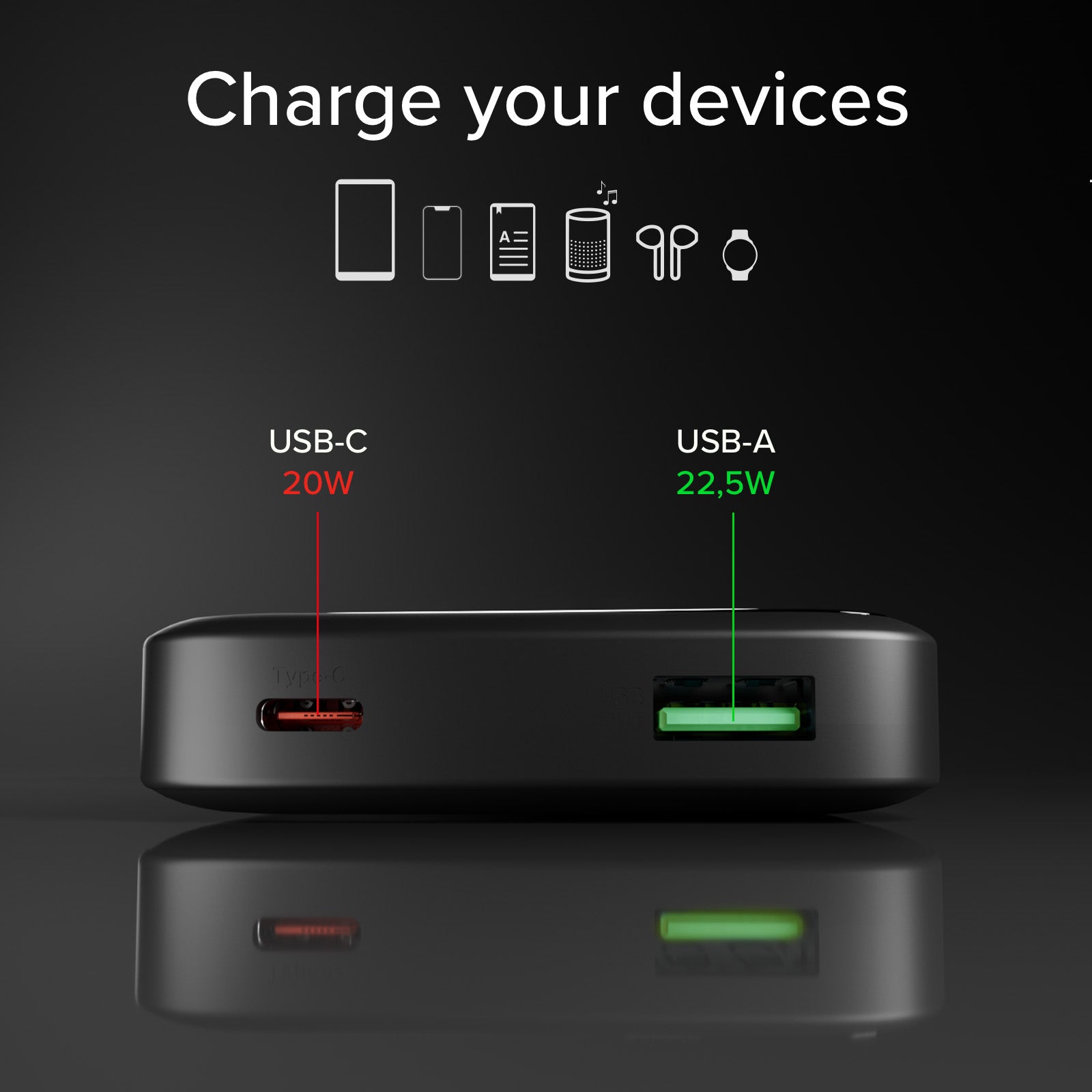 Compact 10000 mAh power bank with fast charging and LCD