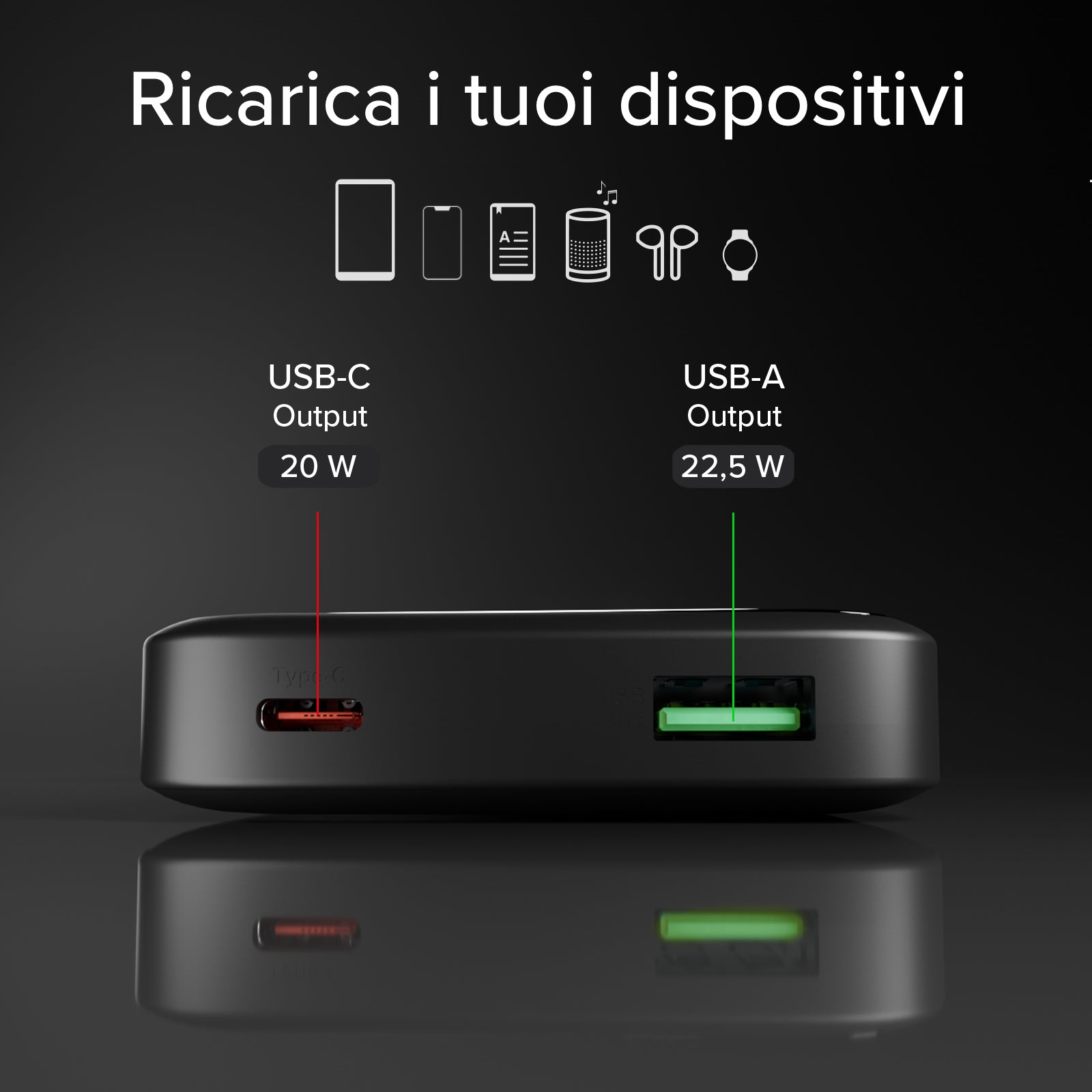 Power bank compatto da 10.000 mAh con ricarica rapida e display LCD
