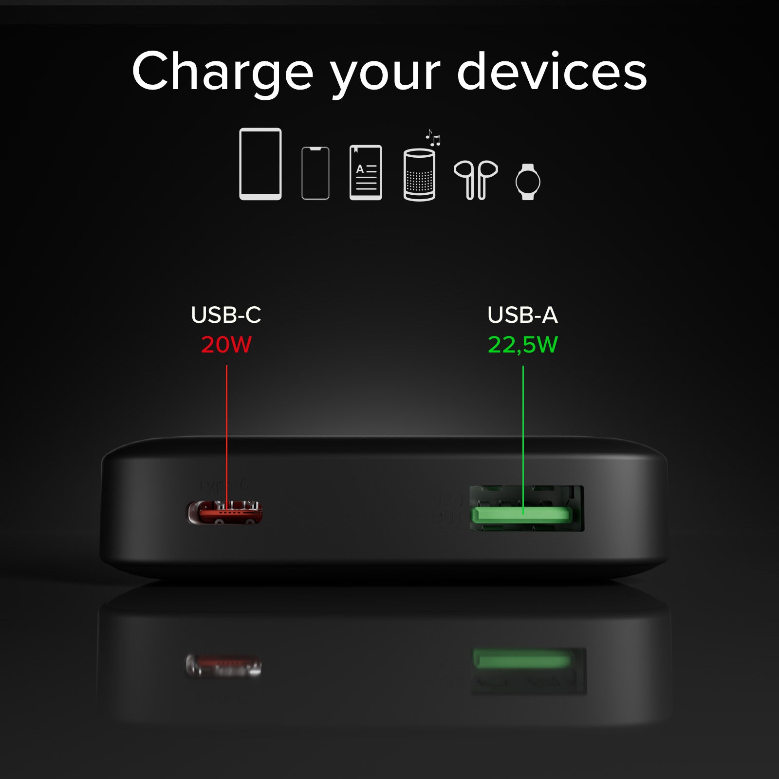 Batterie externe 10 000 mAh haute densité avec PD, USB-C et USB-A
