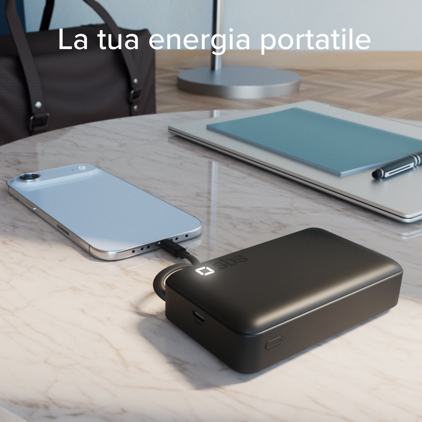 Power Bank 10.000 mAh con cavo USB-C retrattile e ricarica rapida