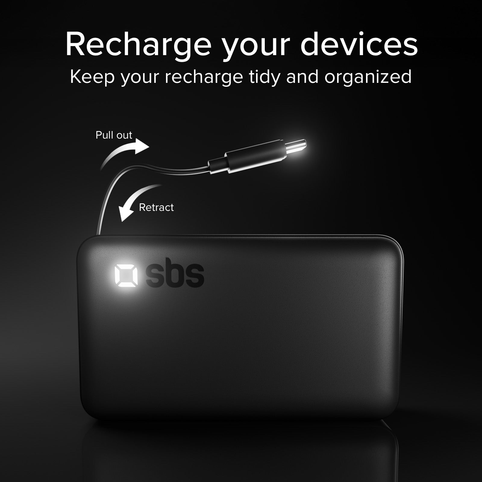 10000 mAh Power Bank with retractable USB-C cable and fast charging