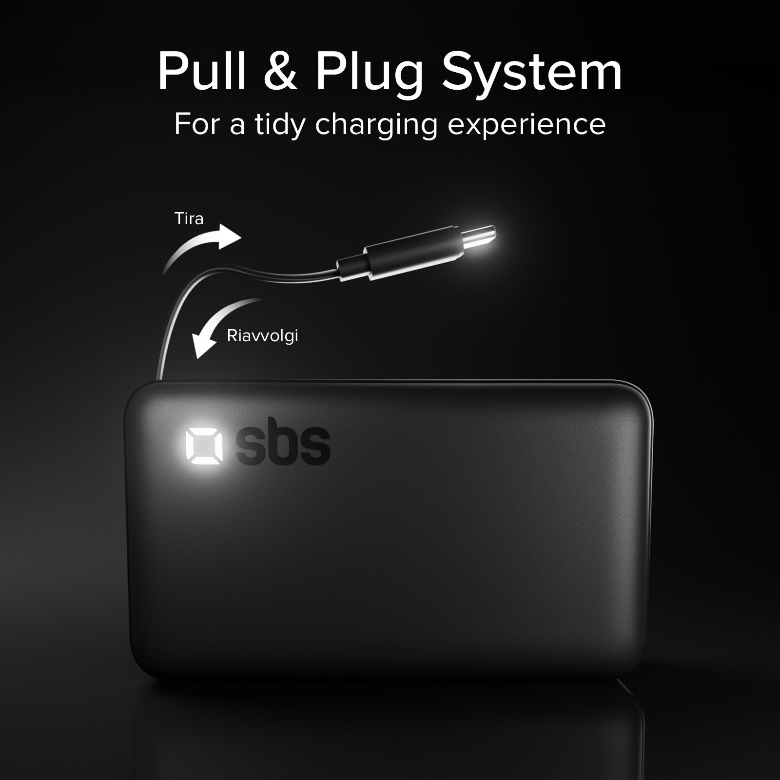 Batería externa 10000mah con cable usb-c retráctil y carga rápida