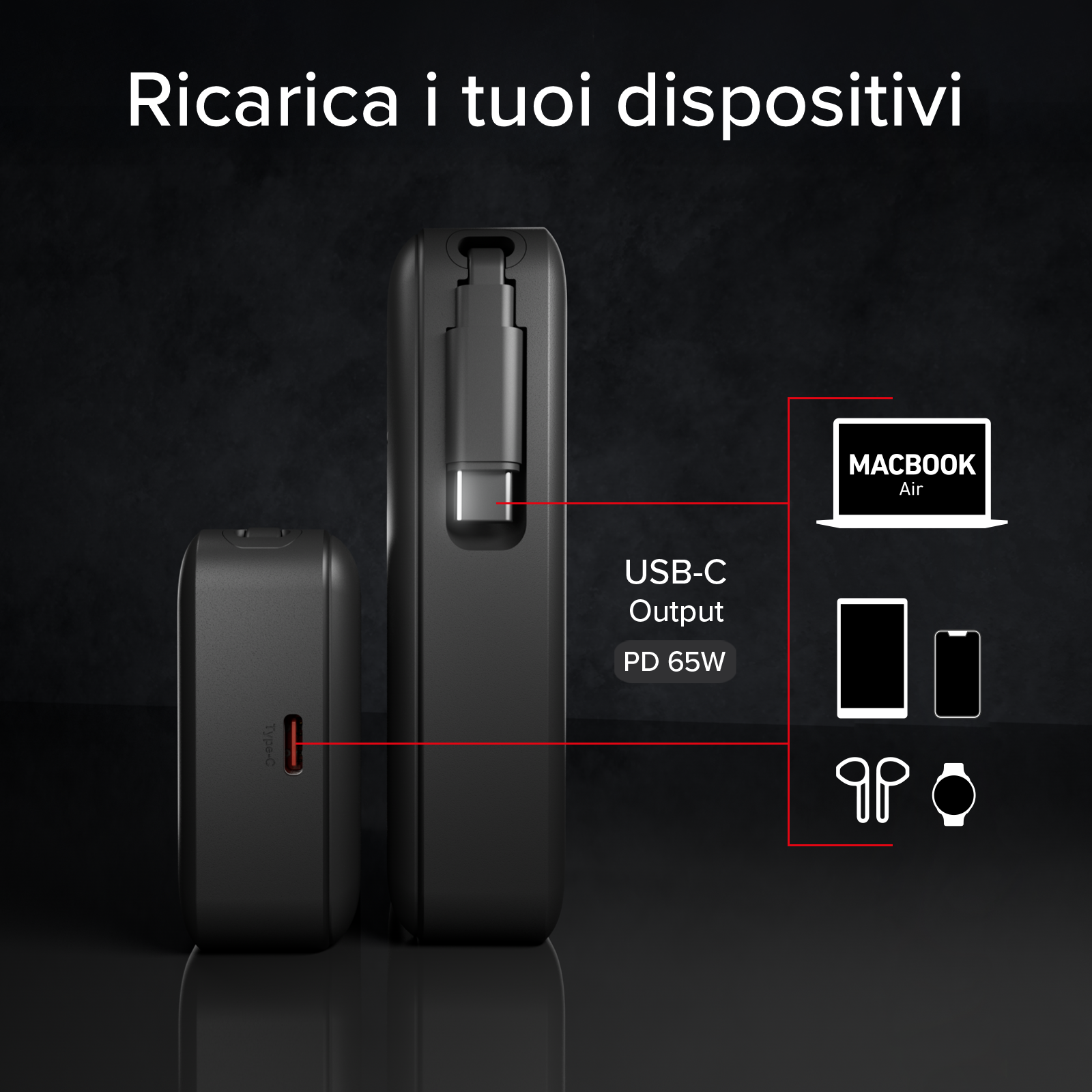 10000 mAh Power Bank with retractable USB-C cable and fast charging