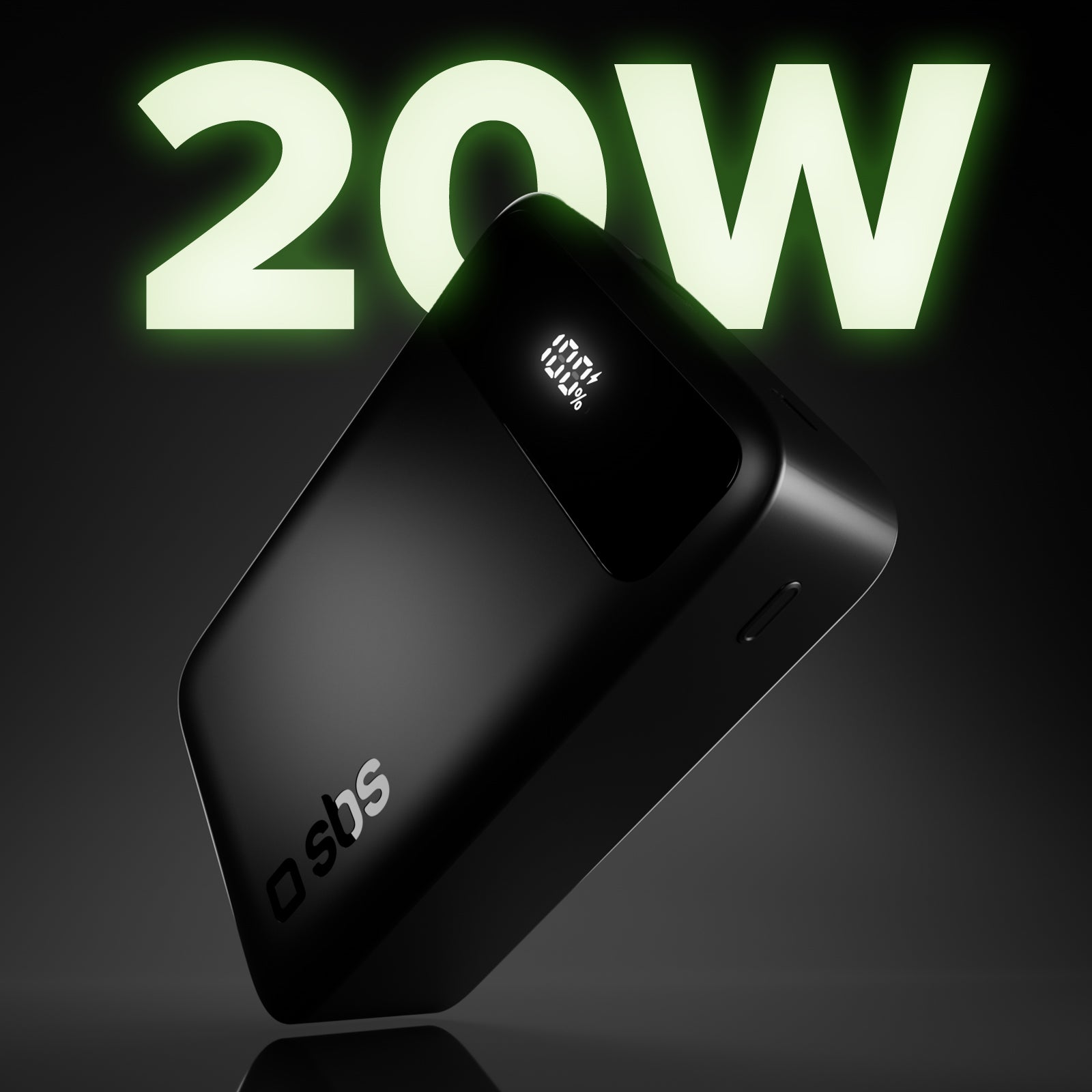 Compact 20,000 mAh power bank with display and fast charging via 20W USB-C and USB-A