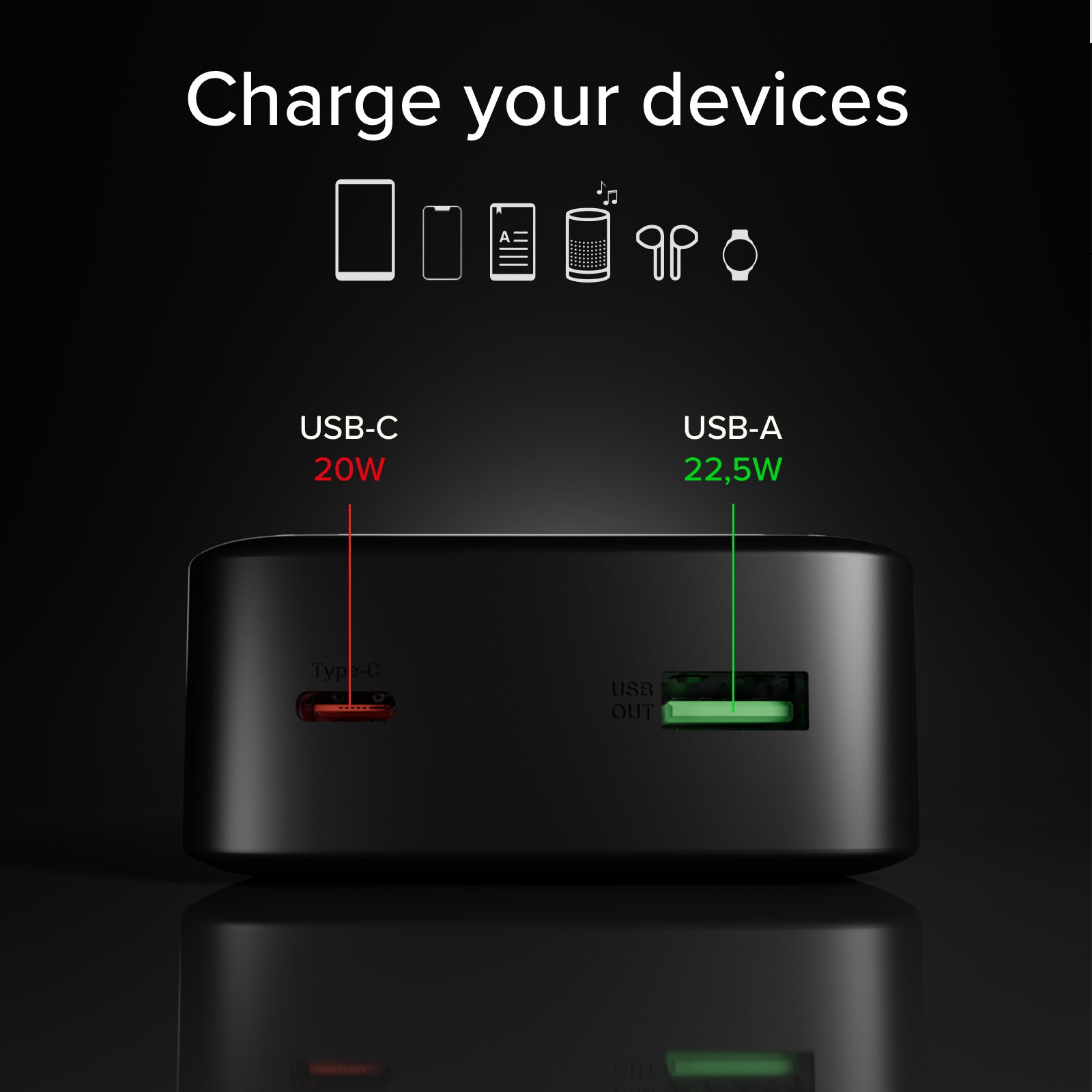 Compact 20,000 mAh power bank with display and fast charging via 20W USB-C and USB-A