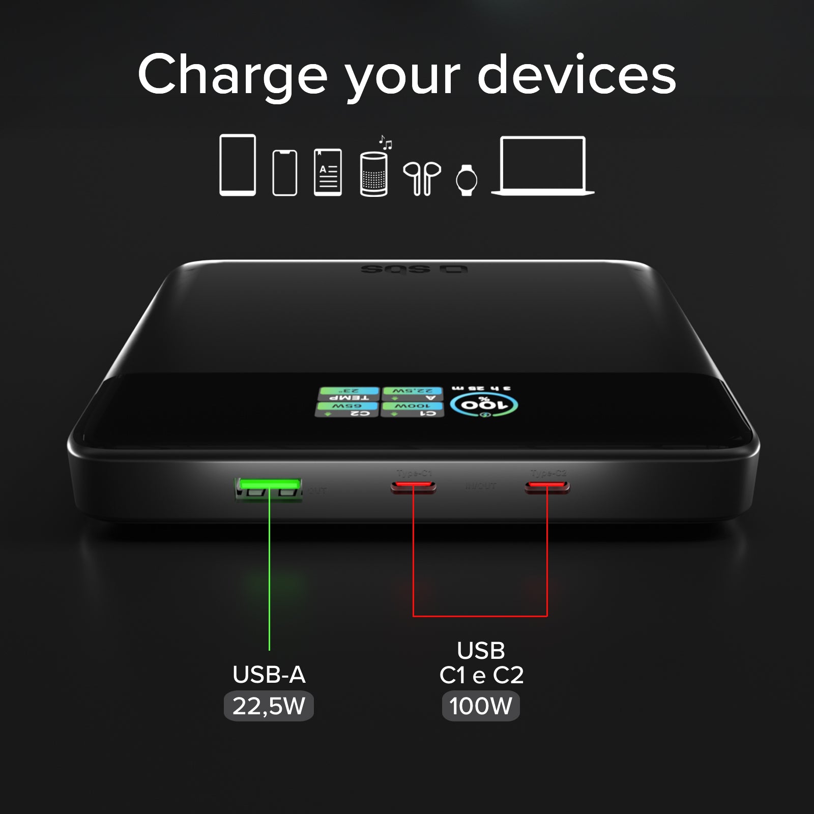 Powerbank 20.000 mAh mit LCD-Display und Laptop-Ladefunktion bis 100 W