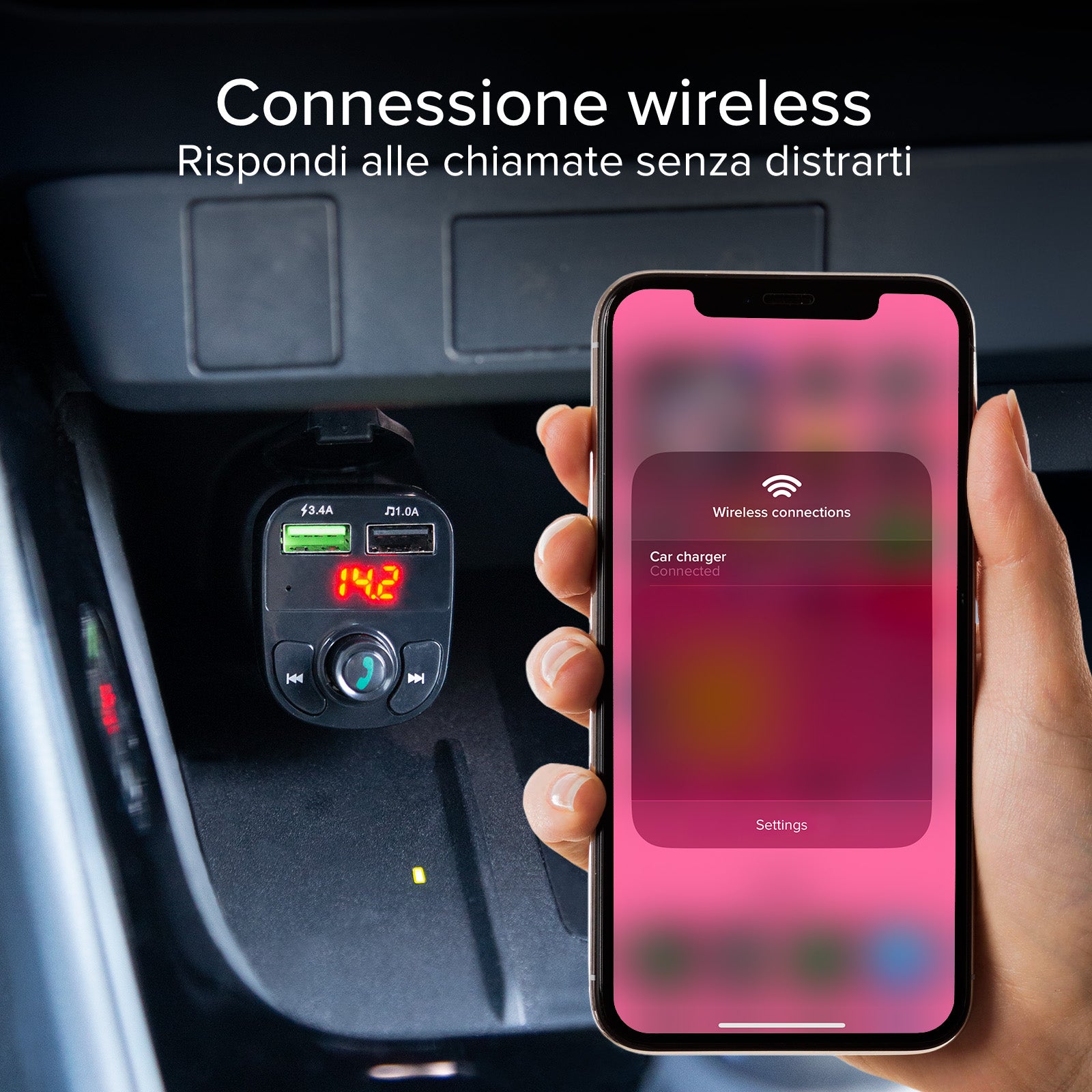 Caricabatterie da auto 15 Watt con connessione wireless