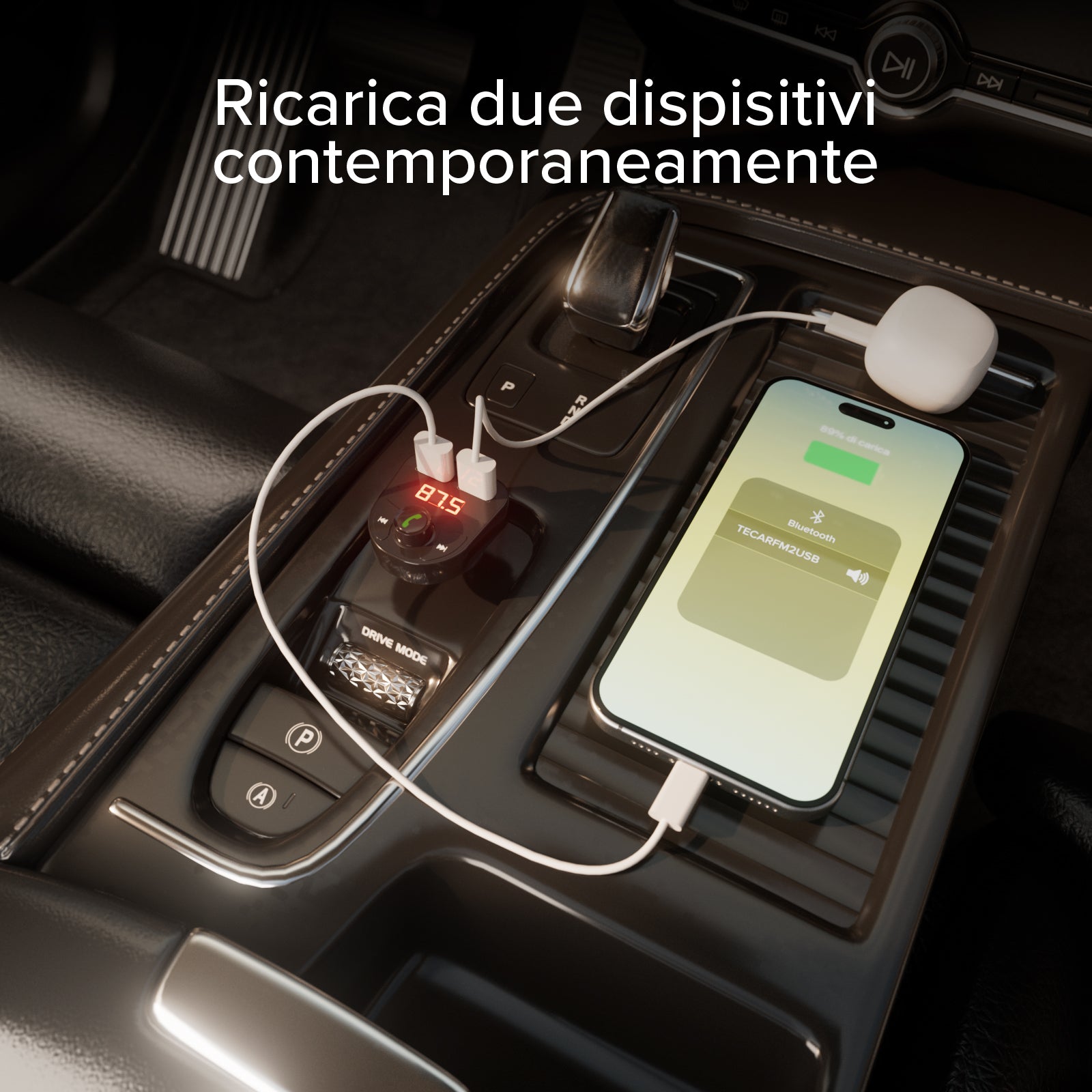 Cargador de coche de 15 vatios con conexión inalámbrica