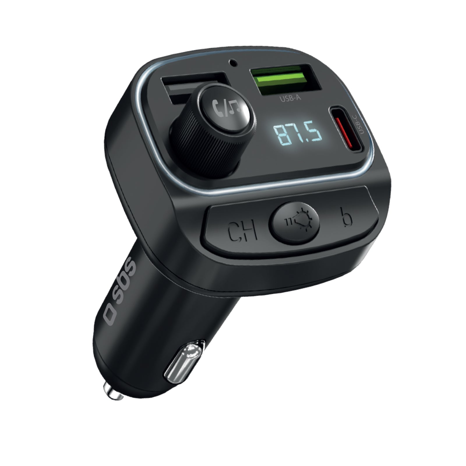 Chargeur de voiture 20 W avec connexion audio FM sans fil, un port USB-C Power Delivery et deux ports USB-A