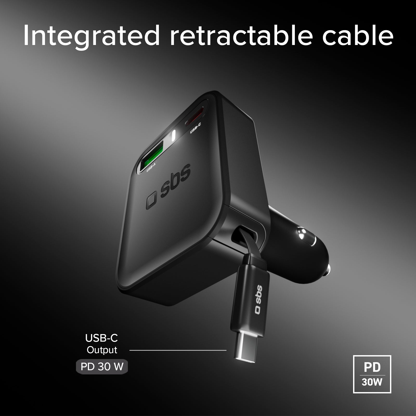 Cargador para coche con cable retráctil integrado