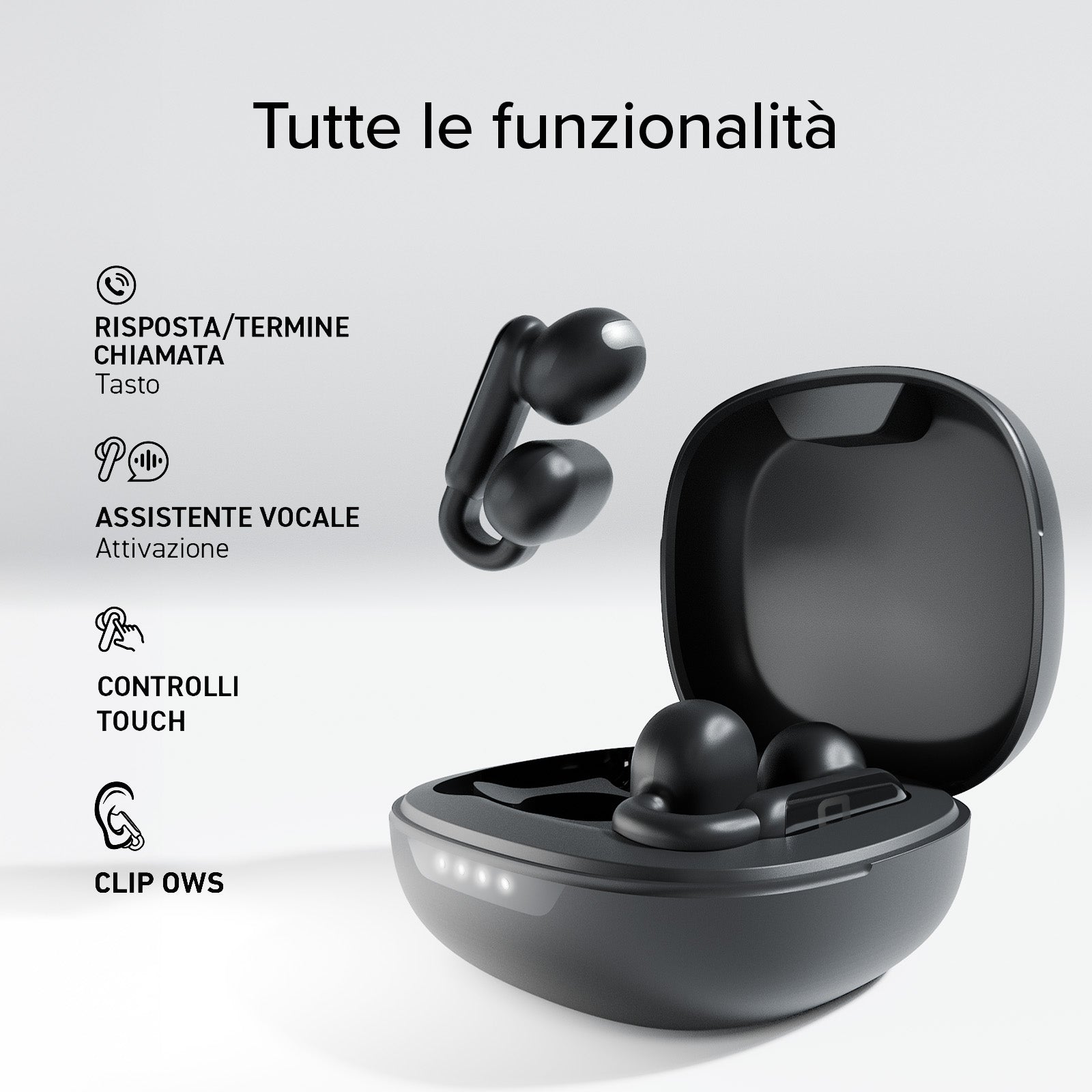 Auricolari OWS con design a clip e controlli touch