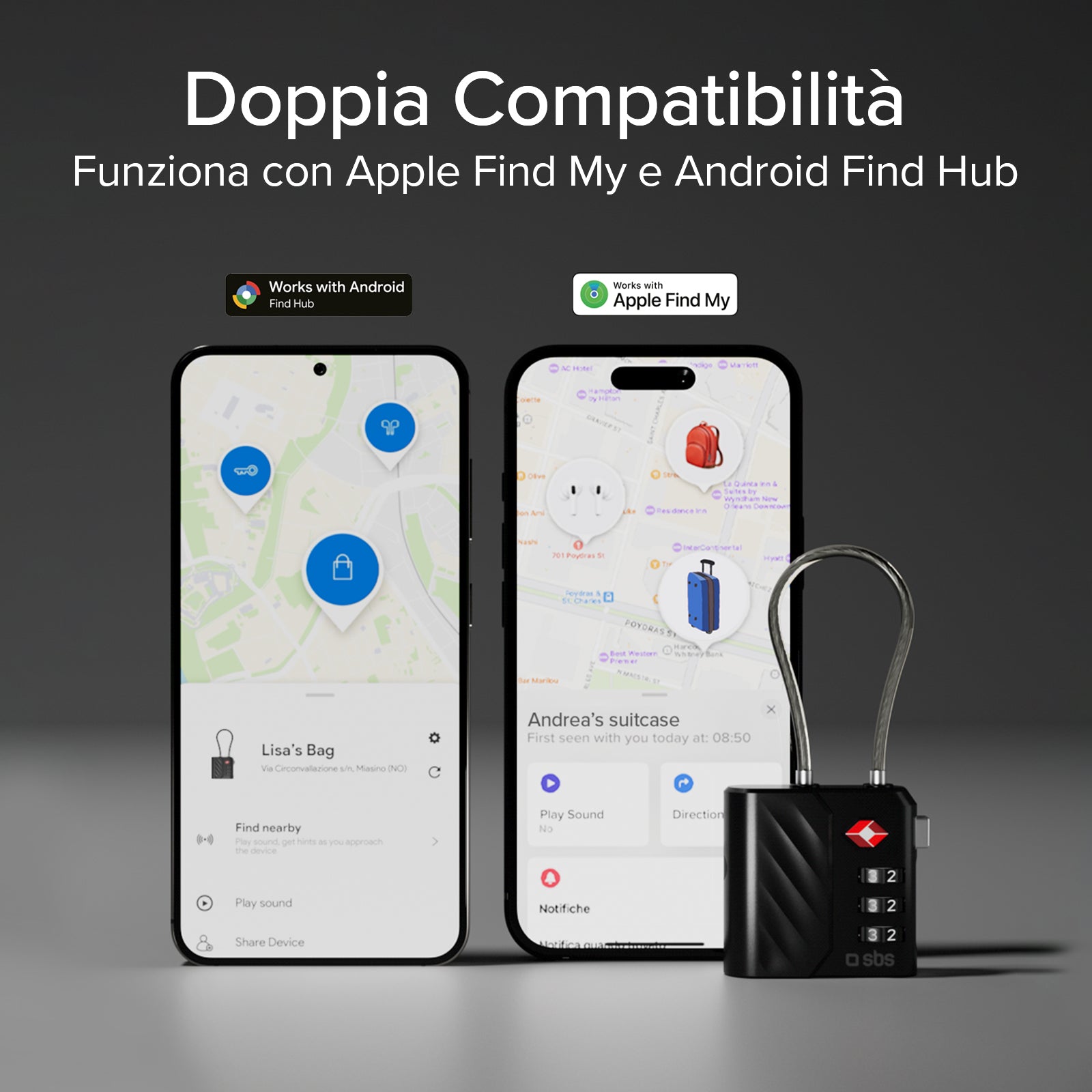 TSA-Schloss mit Tracker und doppelter Kompatibilität für Apple Find My und Google Find Hub, ideal für Koffer