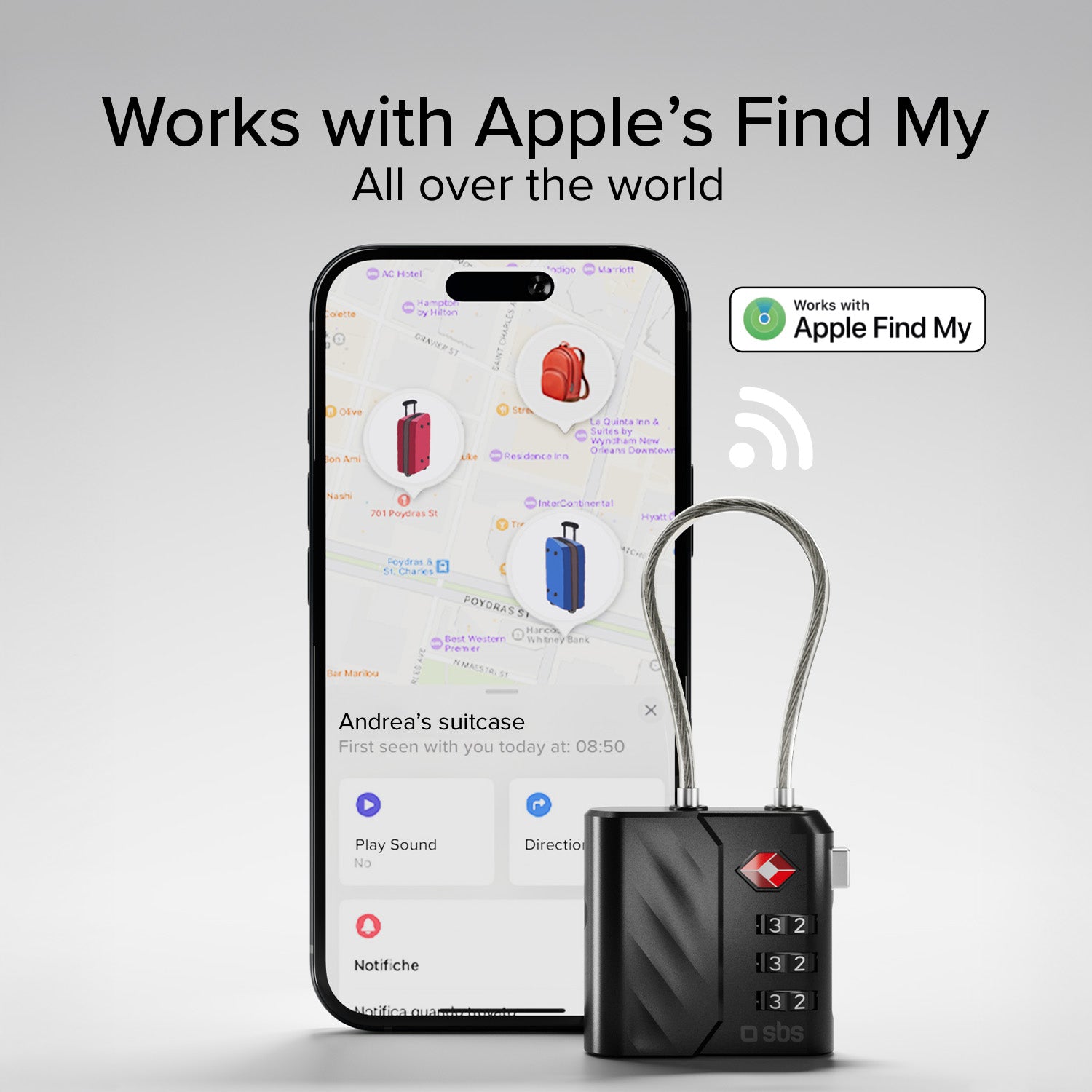 Lucchetto TSA con localizzatore integrato per valigie e borse