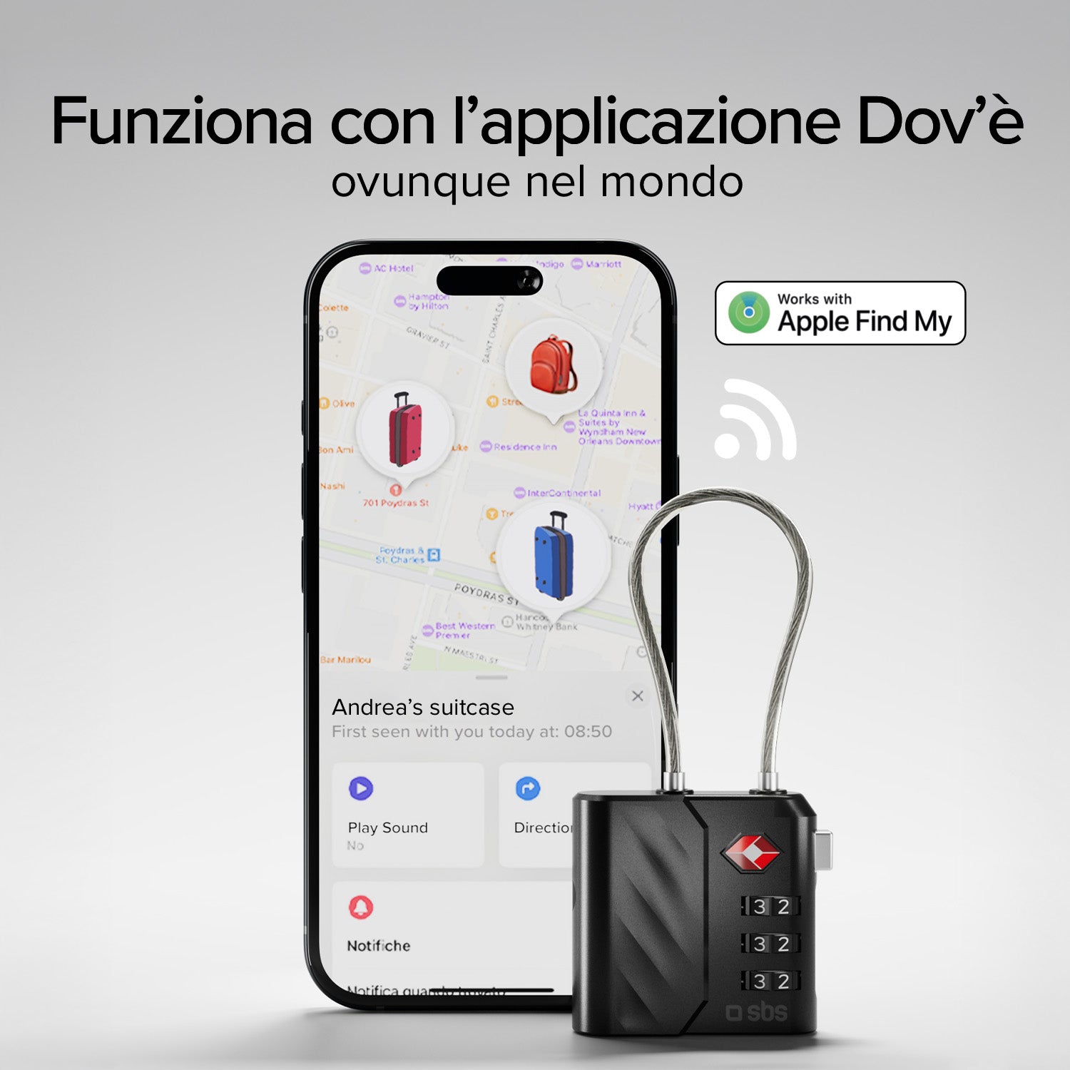 Lucchetto TSA con localizzatore integrato per valigie e borse