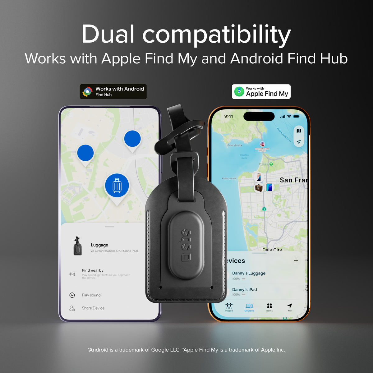 Étiquette de valise avec tracker Track My Bag, Apple Find My/Google Find Hub