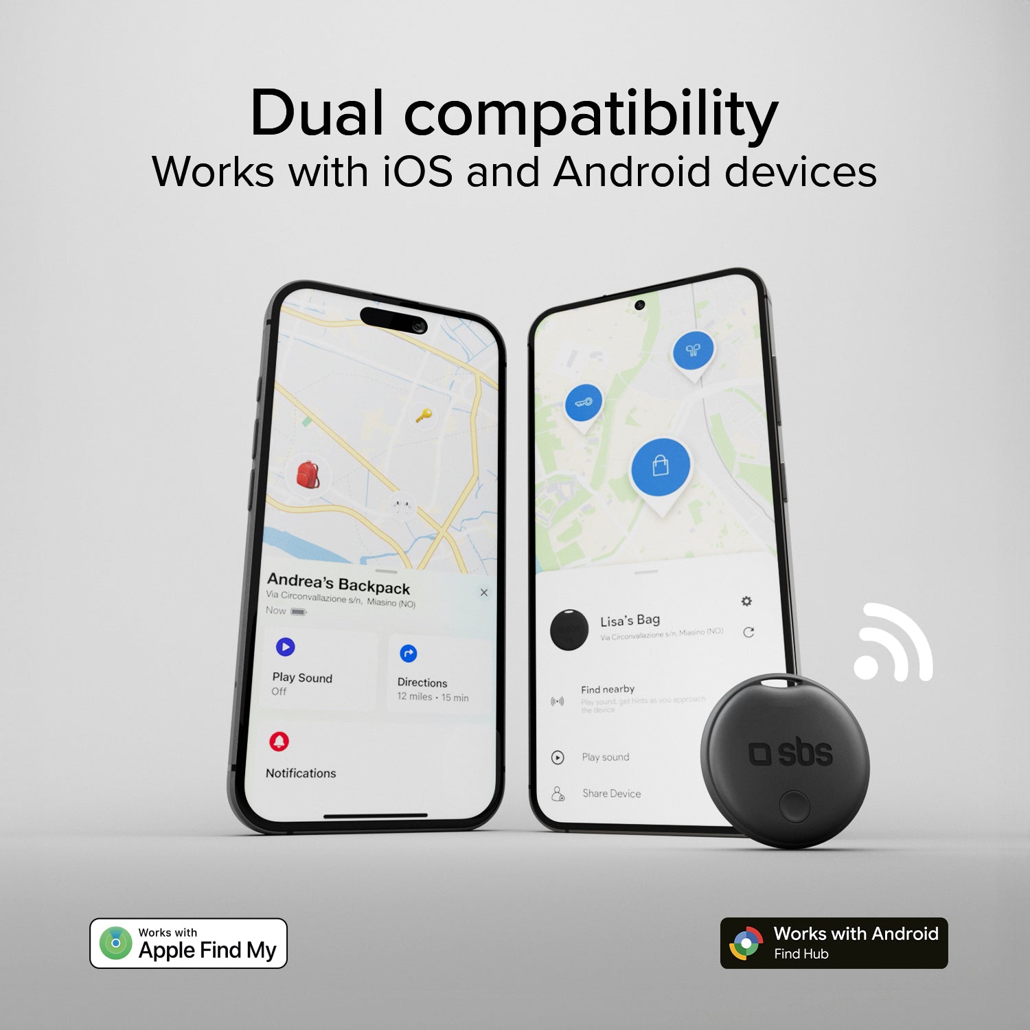 Localizzatori Tracker Wireless compatibili con Apple Find My e Google Find Hub