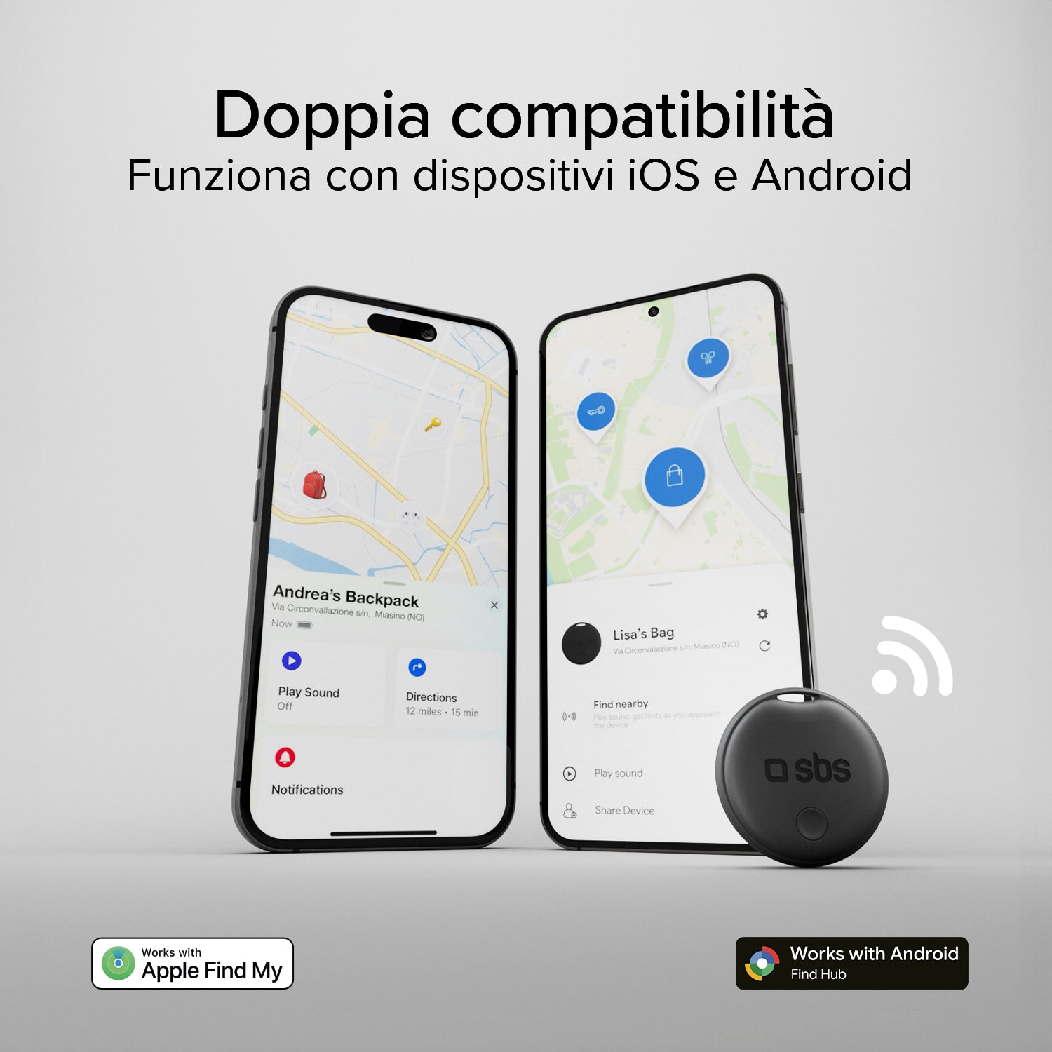 Localizzatori Tracker Wireless compatibili con Apple Find My e Google Find Hub