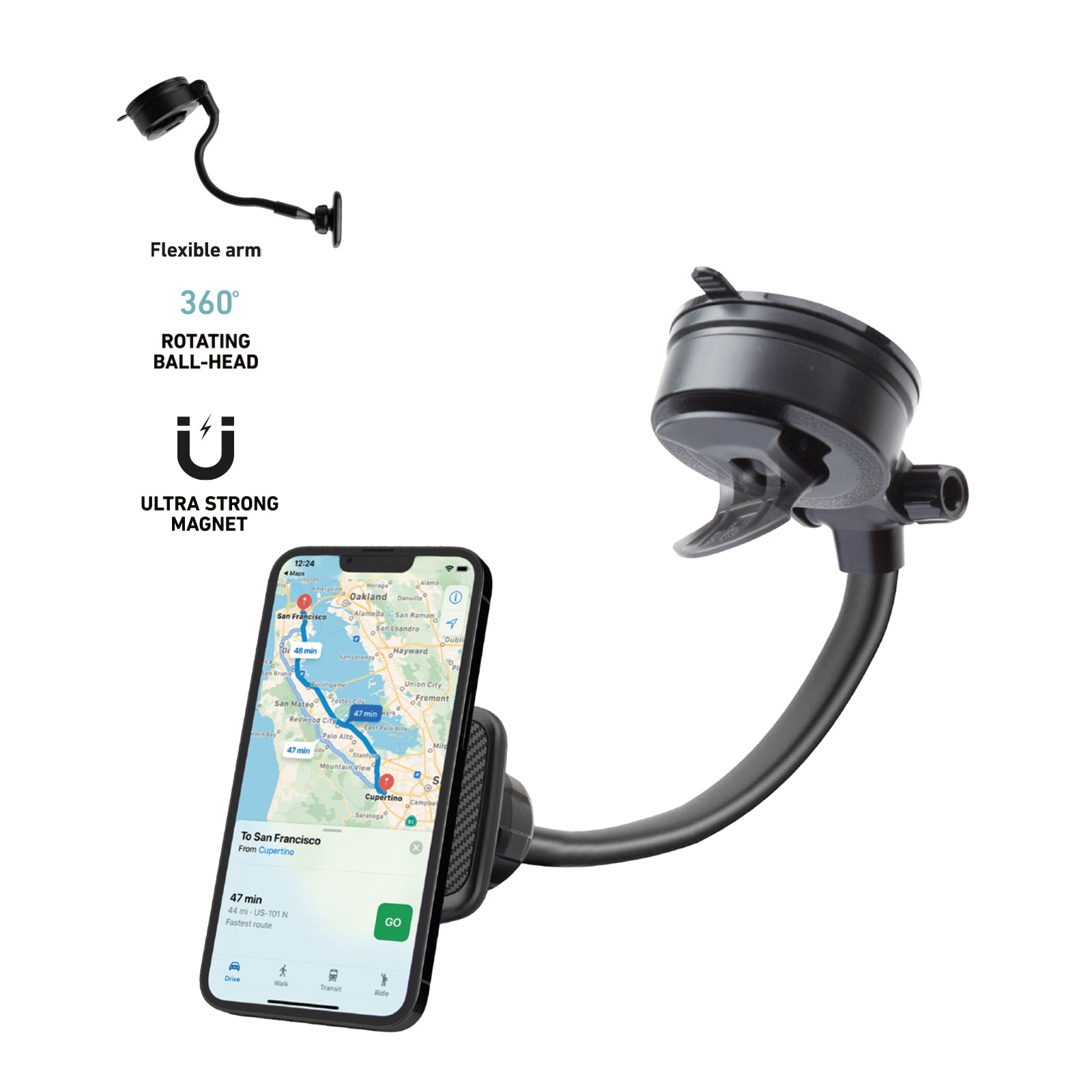 Support de voiture avec bras articulé et ventouse de fixation