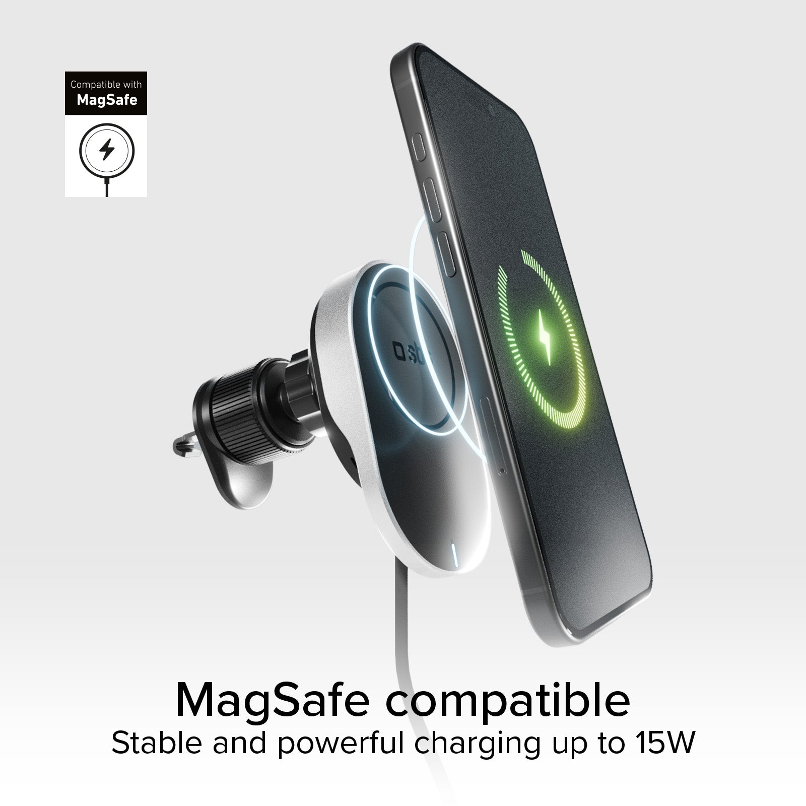 Support voiture avec câble rétractable et recharge sans fil compatible MagSafe
