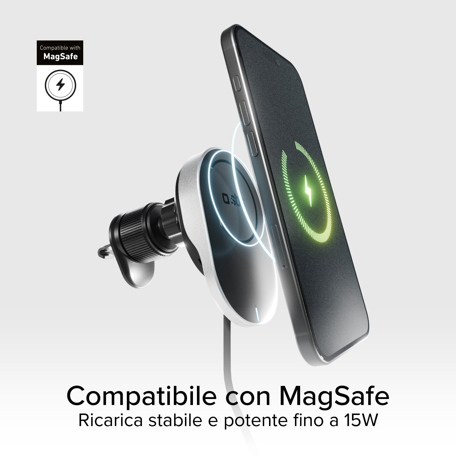 Support voiture avec câble rétractable et recharge sans fil compatible MagSafe