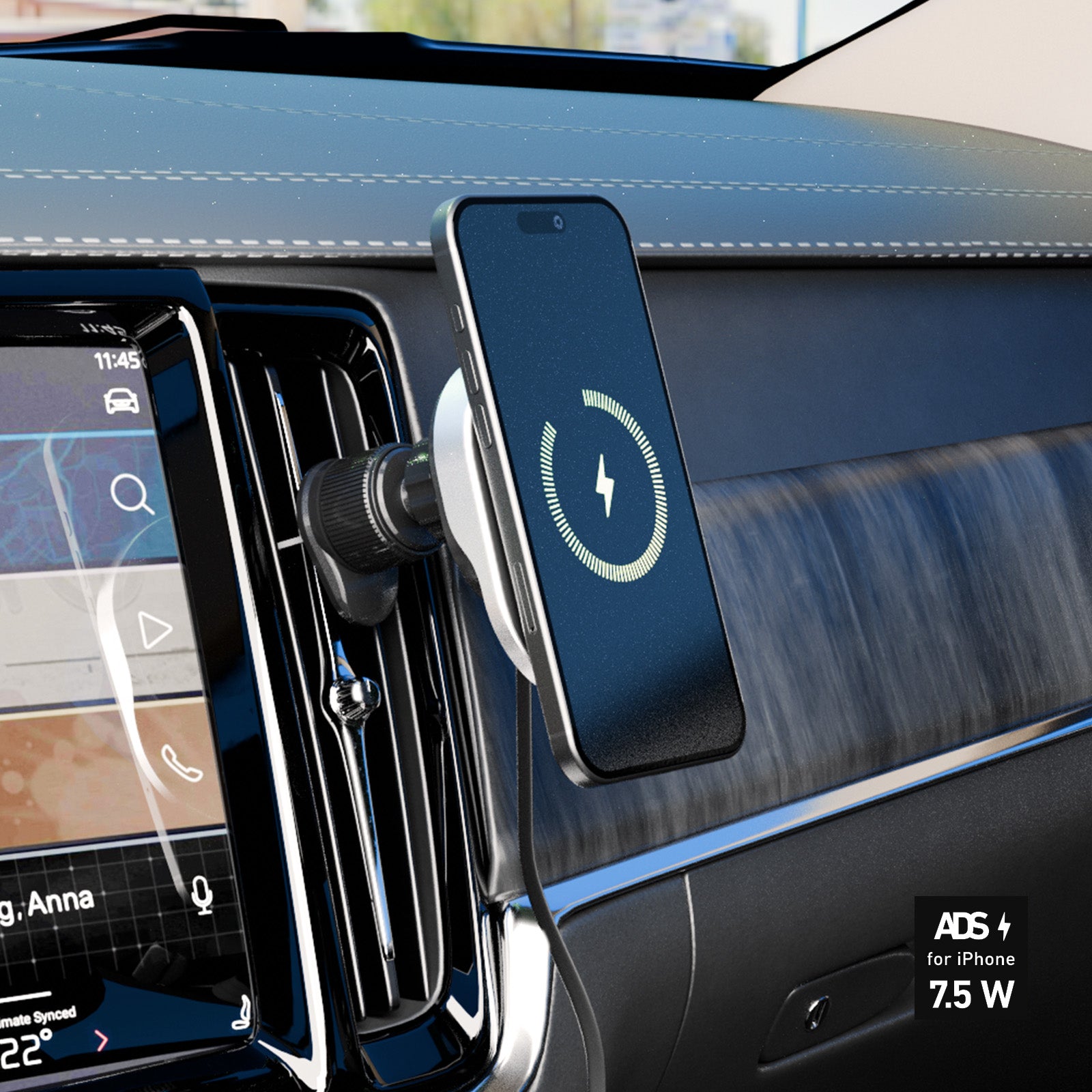 Support voiture avec câble rétractable et recharge sans fil compatible MagSafe