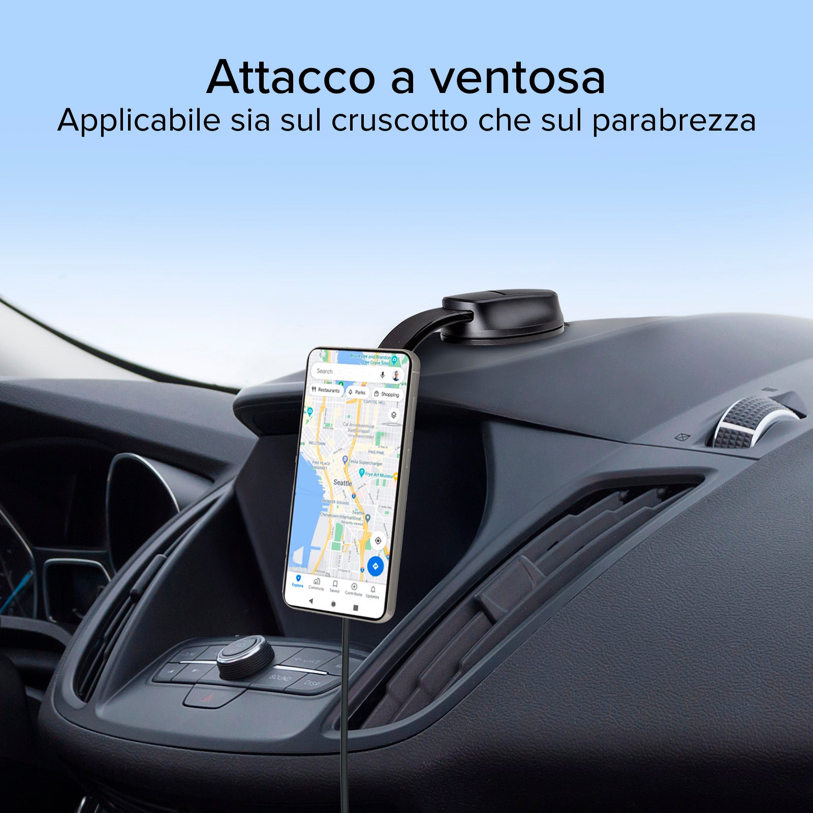 Support de voiture pour smartphone avec ventouse et recharge sans fil
