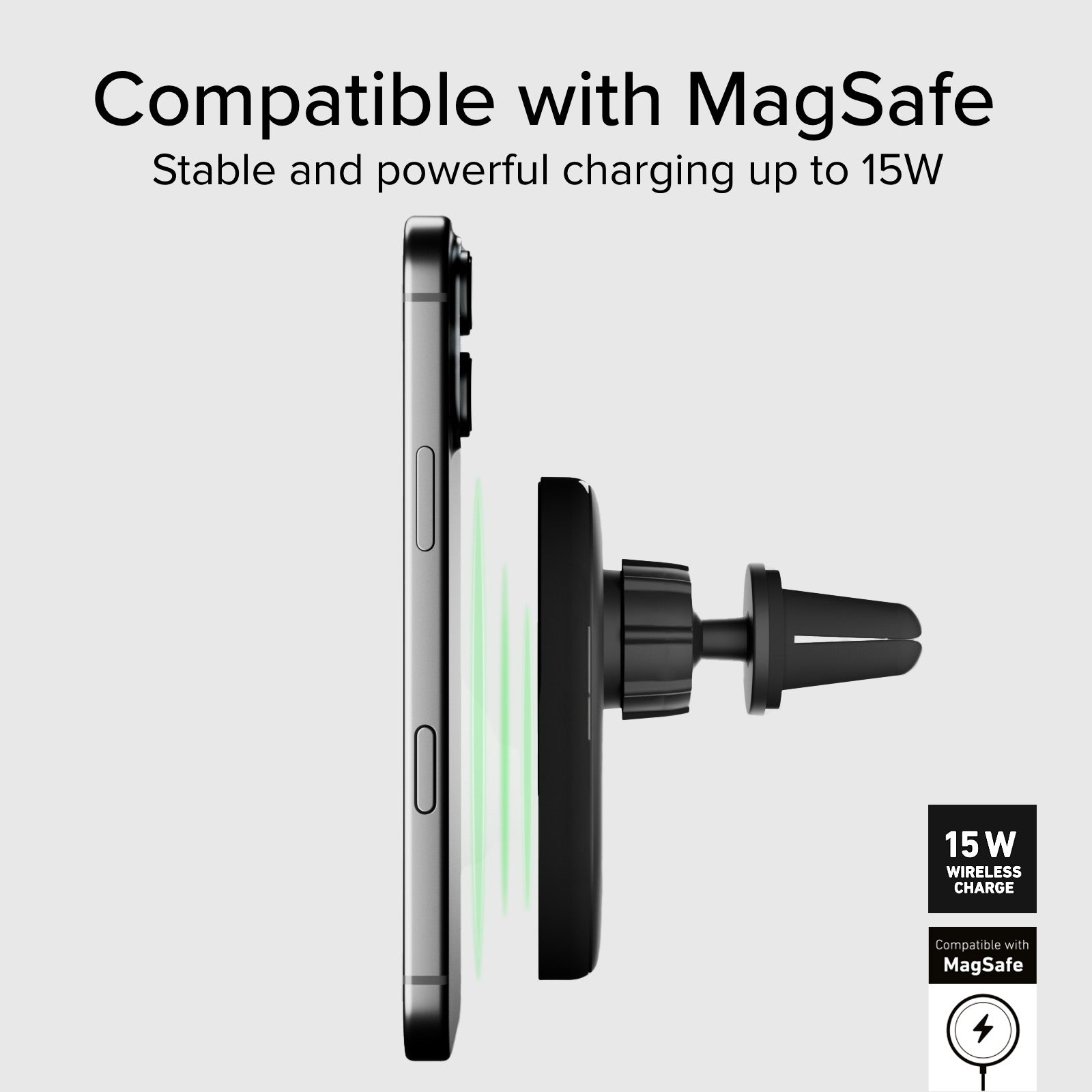 Car mount for iPhones compatible with MagSafe charging