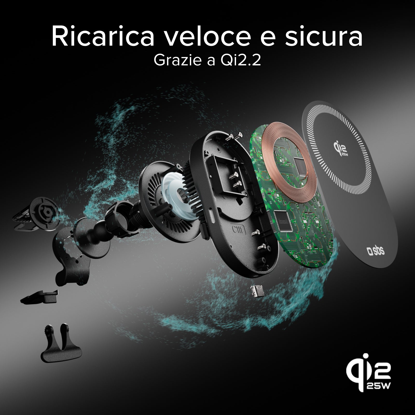 Supporto auto con ricarica magnetica Qi2.2 da 25 W e ventola di raffreddamento