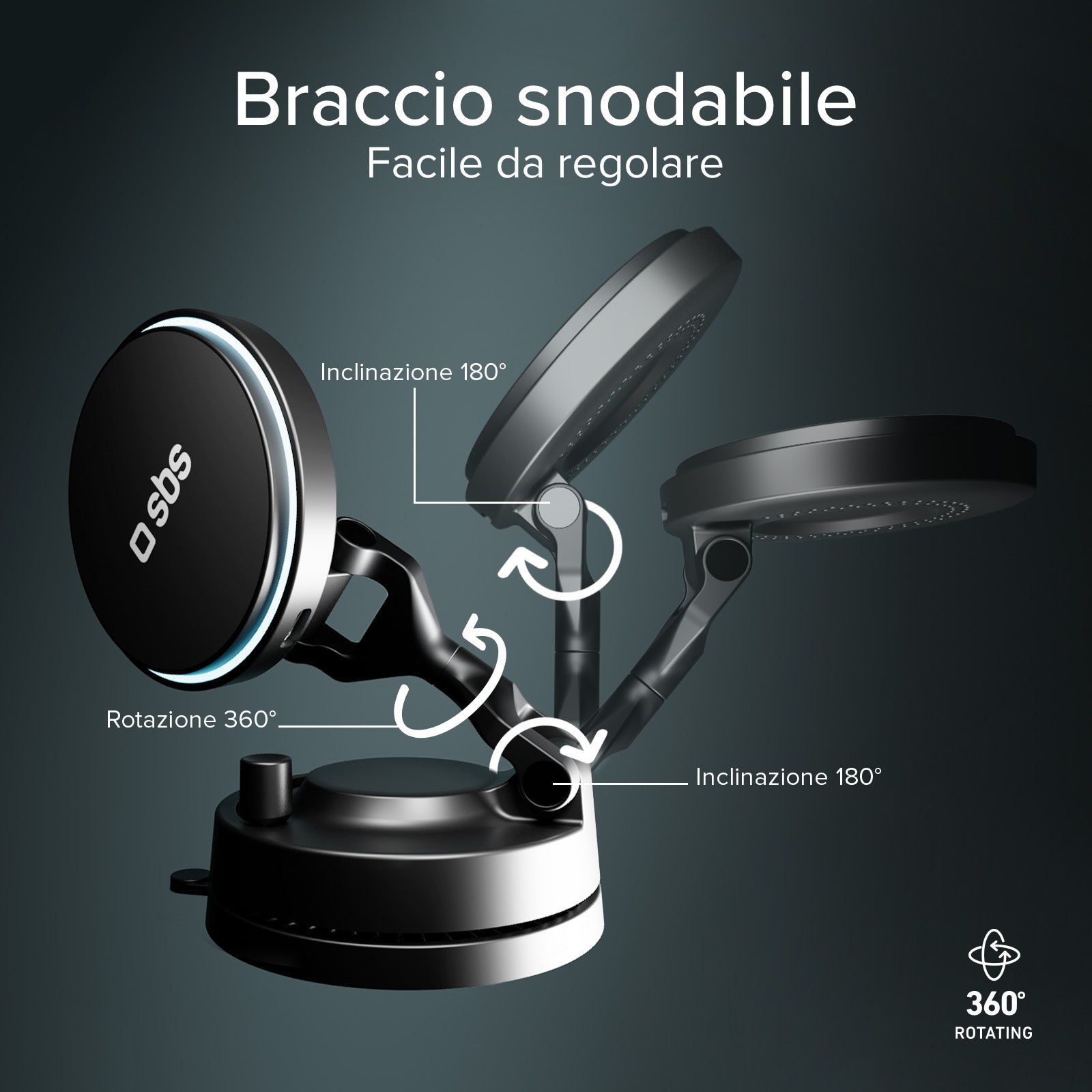 Supporto auto magnetico wireless 15W con ventosa e rotazione 360°