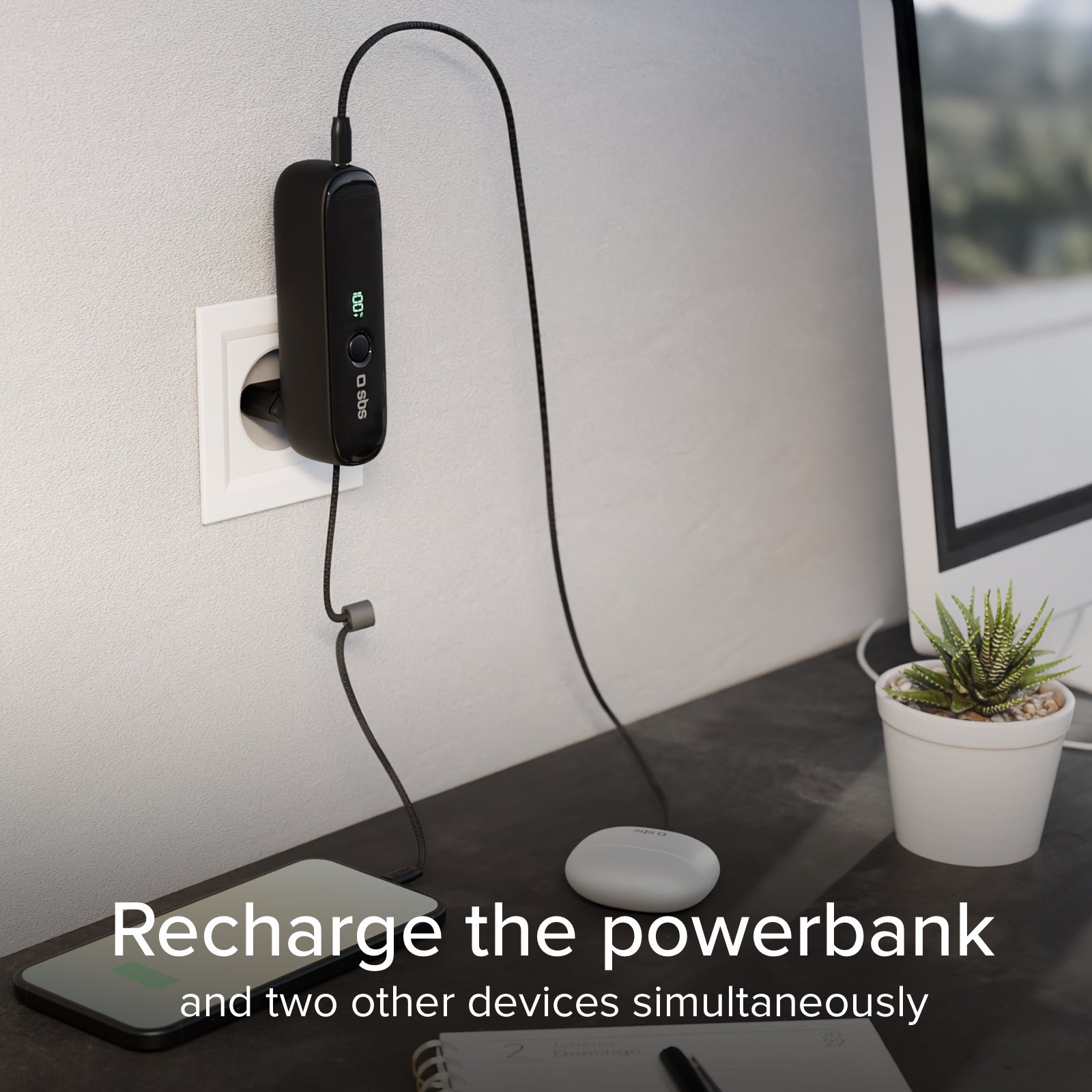 Power bank híbrida 5000 mAh PD 20W con enchufe integrado
