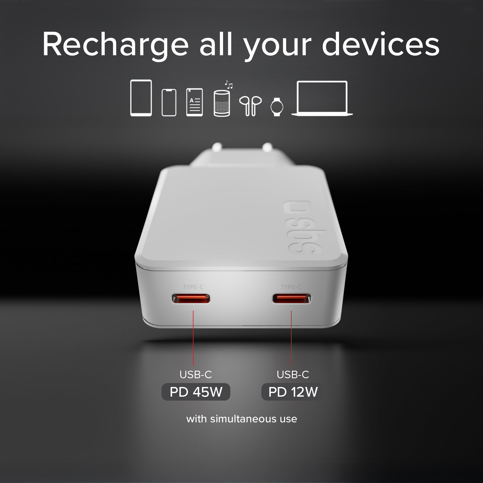 Ultra-slim 67 Watt GaN charger with two USB-C Power Delivery ports, European plug