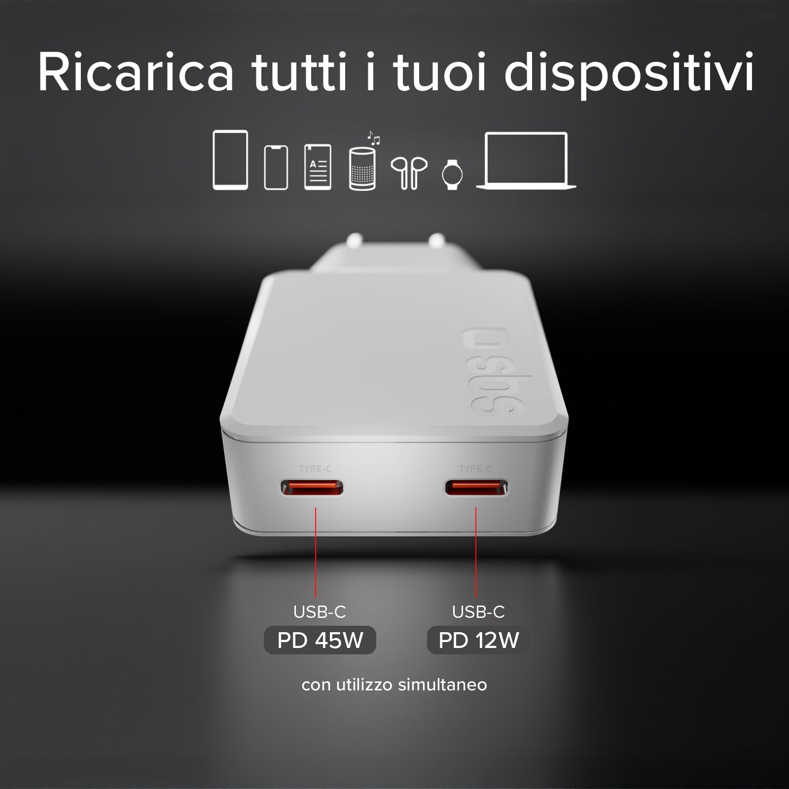Ultra-slim 67 Watt GaN charger with two USB-C Power Delivery ports, European plug