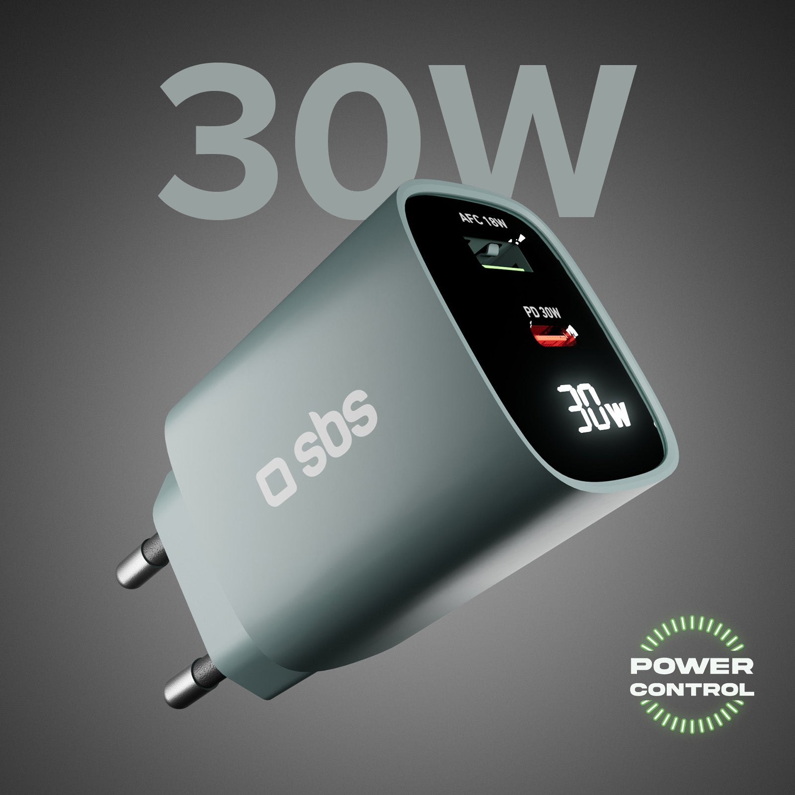 Cargador de pared con pantalla LCD, 1 salida USB-C PD de 30 W, 1 salida USB-A de 18 W
