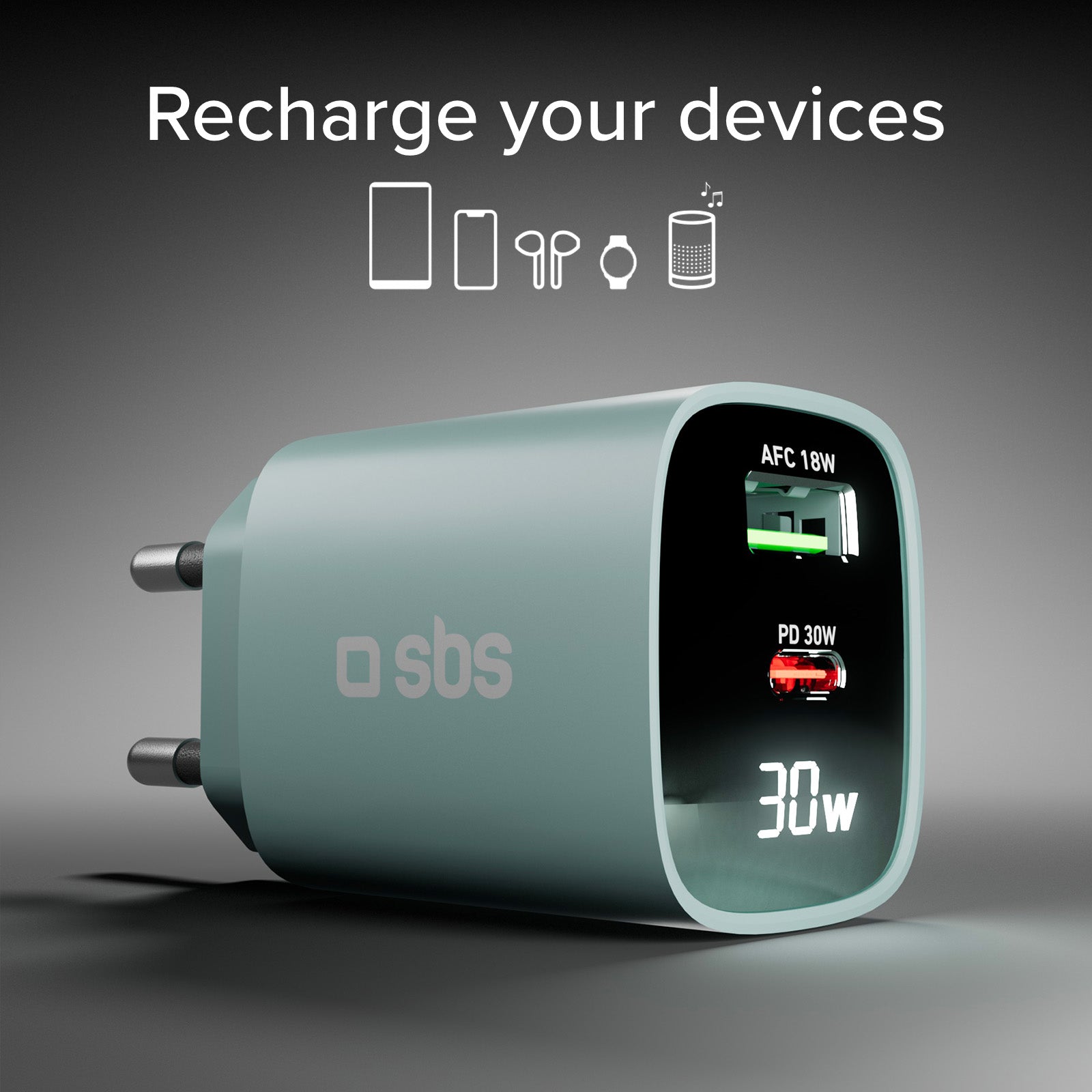 Caricabatterie da muro, schermo LCD, 1 uscita USB-C PD 30W, 1 uscita USB-A 18W